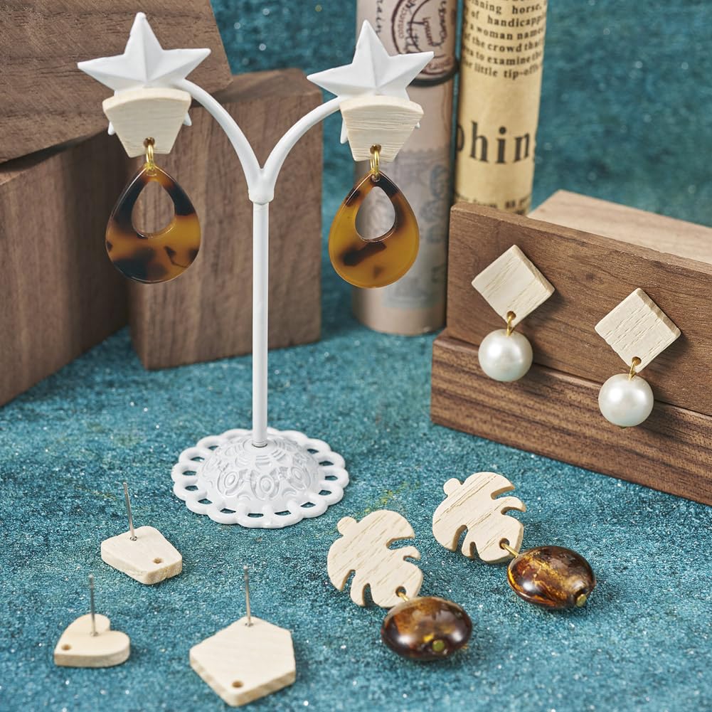 Fashewelry 32pcs Wood Stud Earring Findings White Ash Wood Earring Blanks with Loop Heart Teardrop Leaf Rectangle Trapezoid Pentagon Shape for Dangle FASHEWELRY
