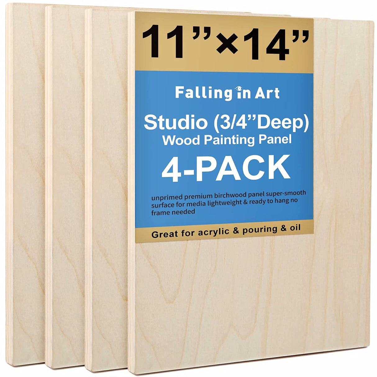 Falling in Art Unfinished Birch Wood Canvas Panels Kit, Falling in Art 4 Pack of 11x14'' Studio 3/4'' Deep Cradle Boards for Pouring Art, Crafts, Falling in Art