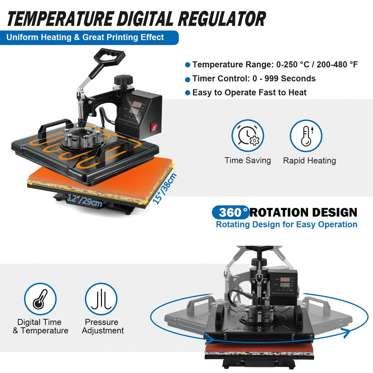 TOPDEEP 5 in 1 Heat Press Machine, 12x15 inch Swing Away Heat Press for Sublimation, T Shirt Pressing Machine Multifunction, Heat Press Transfer Topdeep
