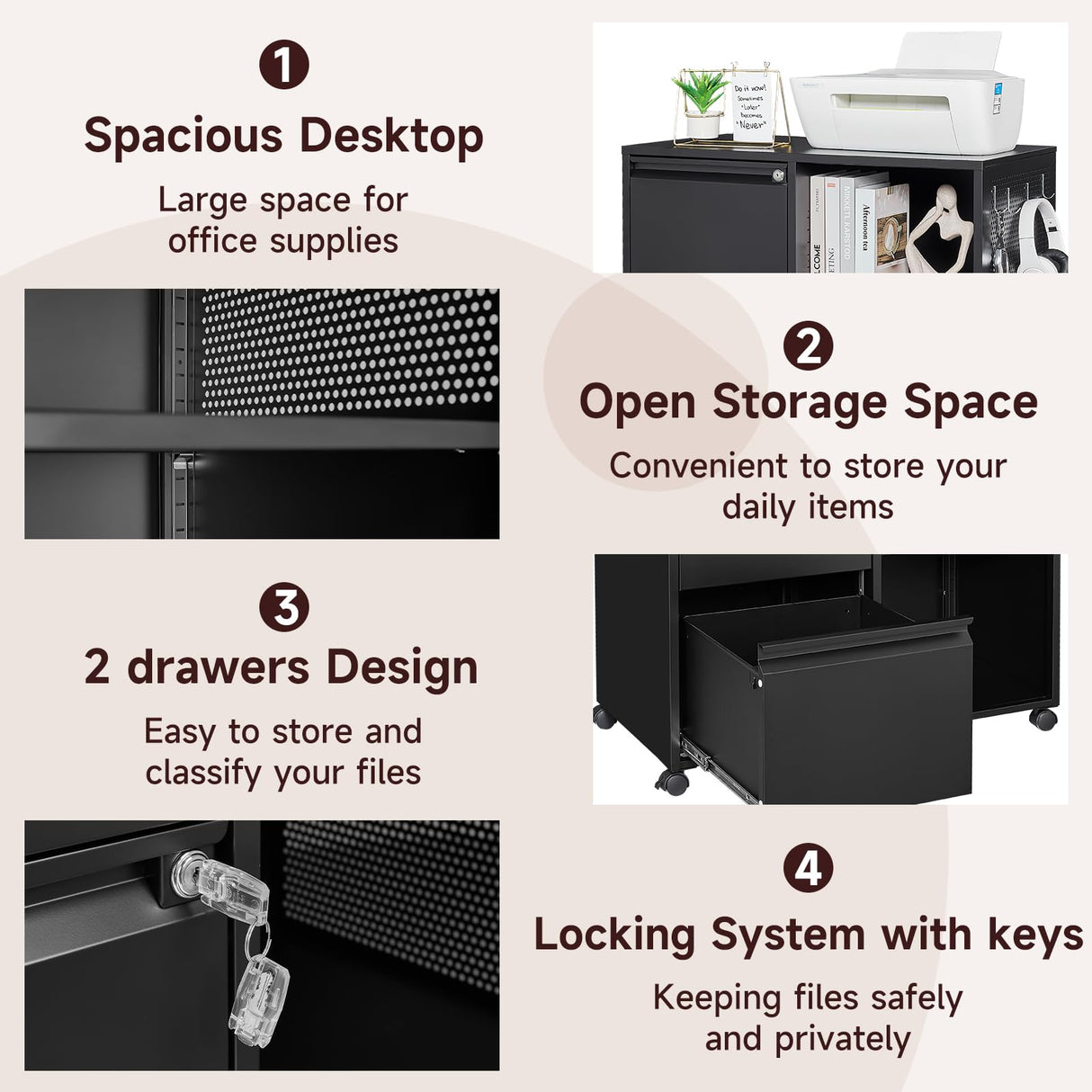 AFAIF Lateral File Cabinet, 2 Drawer File Cabinet with Lock, Printer Cabinet Printer Stand with Storage, Metal Mobile Filing Cabinet Home Office AFAIF