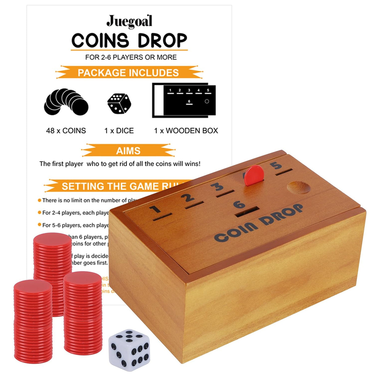 Juegoal Coin Drop Set, Pennies Dice Games for Kids and Adults, Wooden Tabletop Board Game Sets for 2-6 Player, Wood Penny Game Box Includes 48 Chips Juegoal