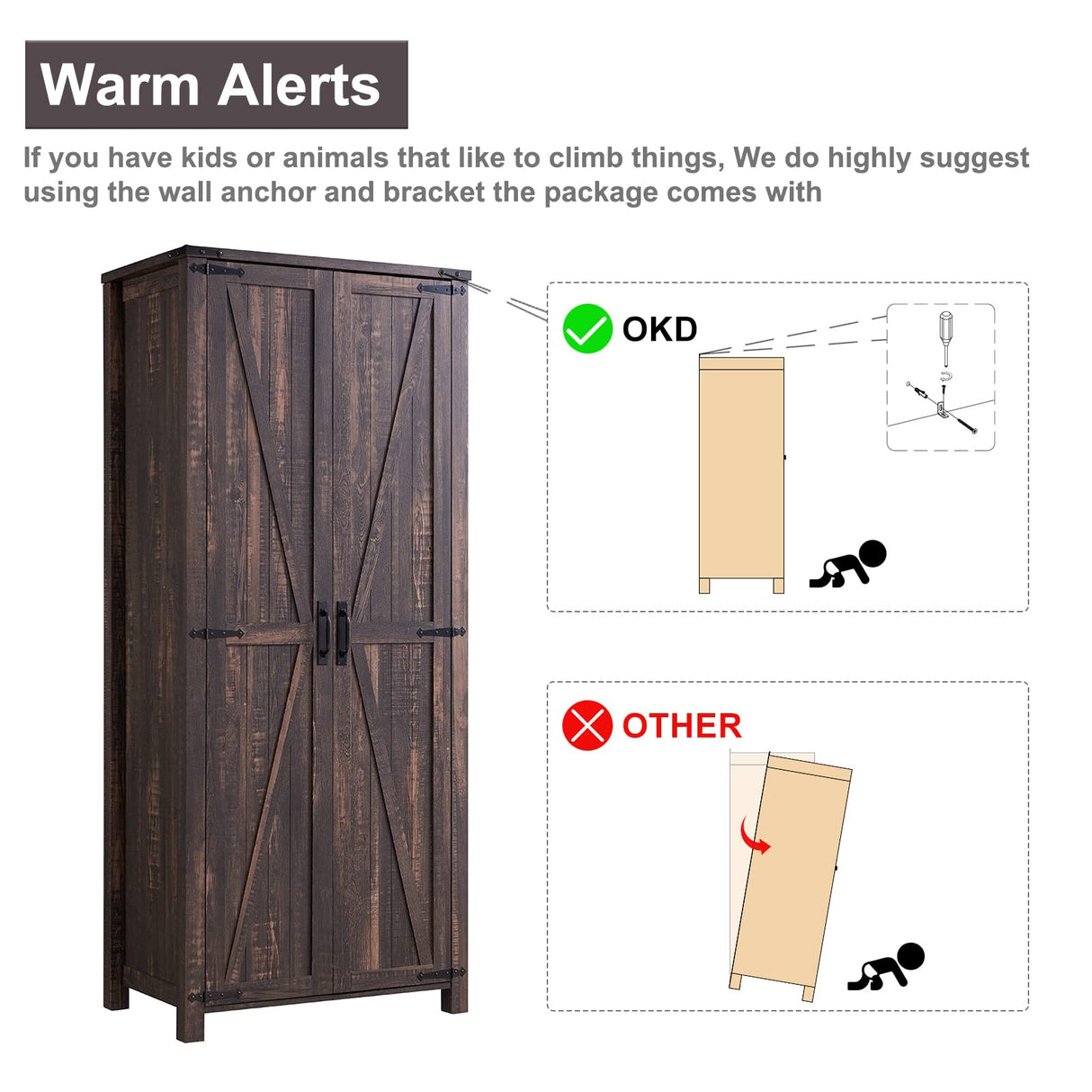 OKD 32'' Rustic Farmhouse Armoire with Adjustable Shelves and Barn Doors OKD