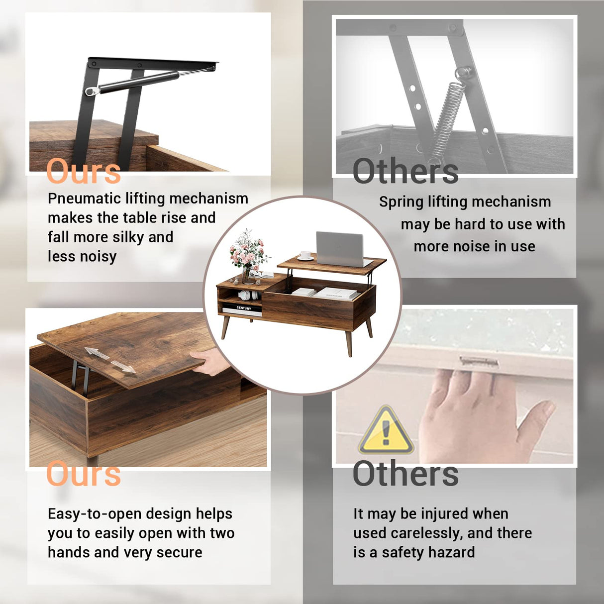 Furmax Lift Top Coffee Table with Adjustable Storage Shelf, Hidden Compartment and Metal Frame, Wood Mid Century Modern / Retro Small Center Table Furmax