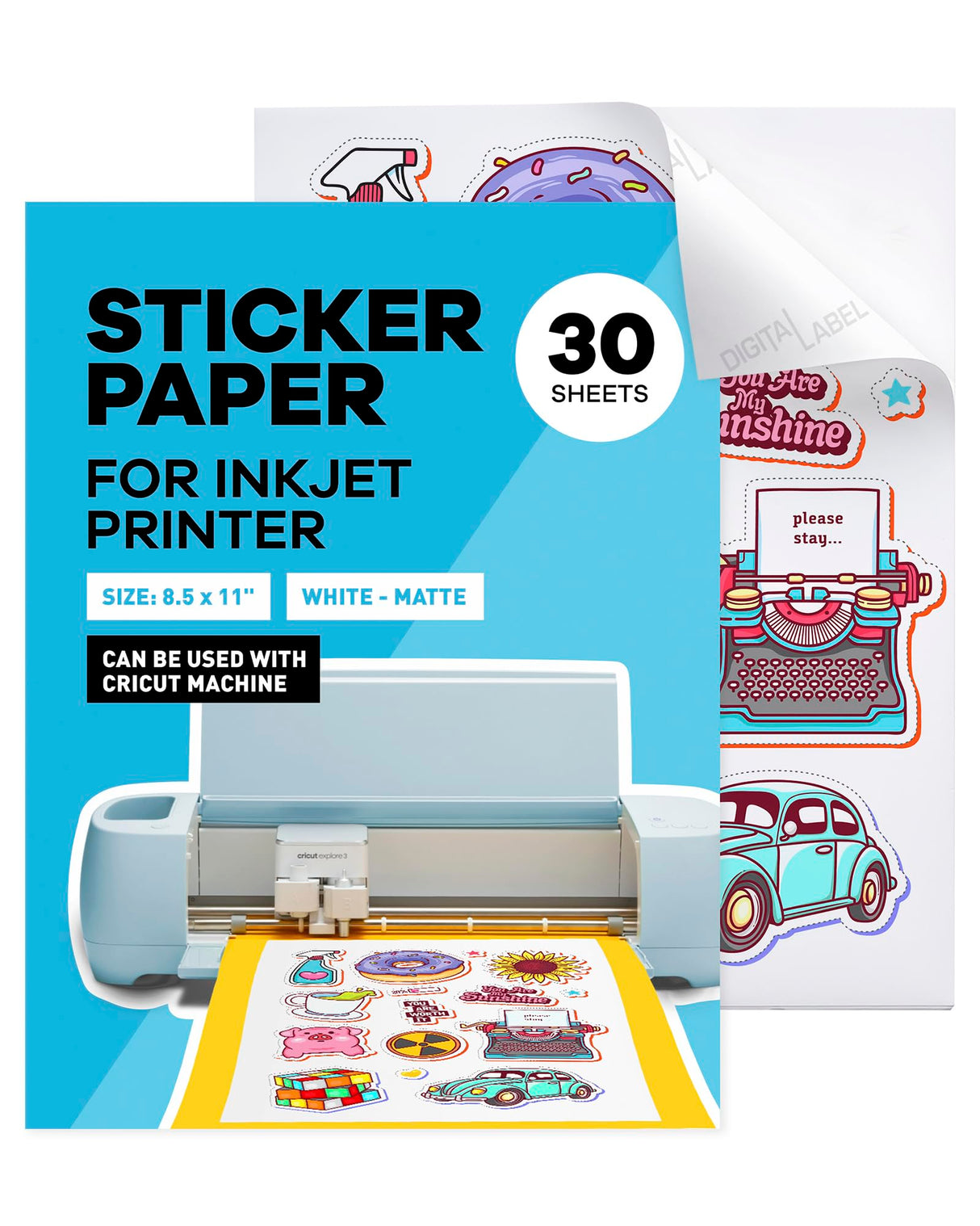 Sticker Paper for Inkjet Printer - Printable Vinyl Sticker Paper - Sticker Paper - (30 Sheets, 8.5 x 11", Matte White) - Sticker Printer Paper - Paper Plan