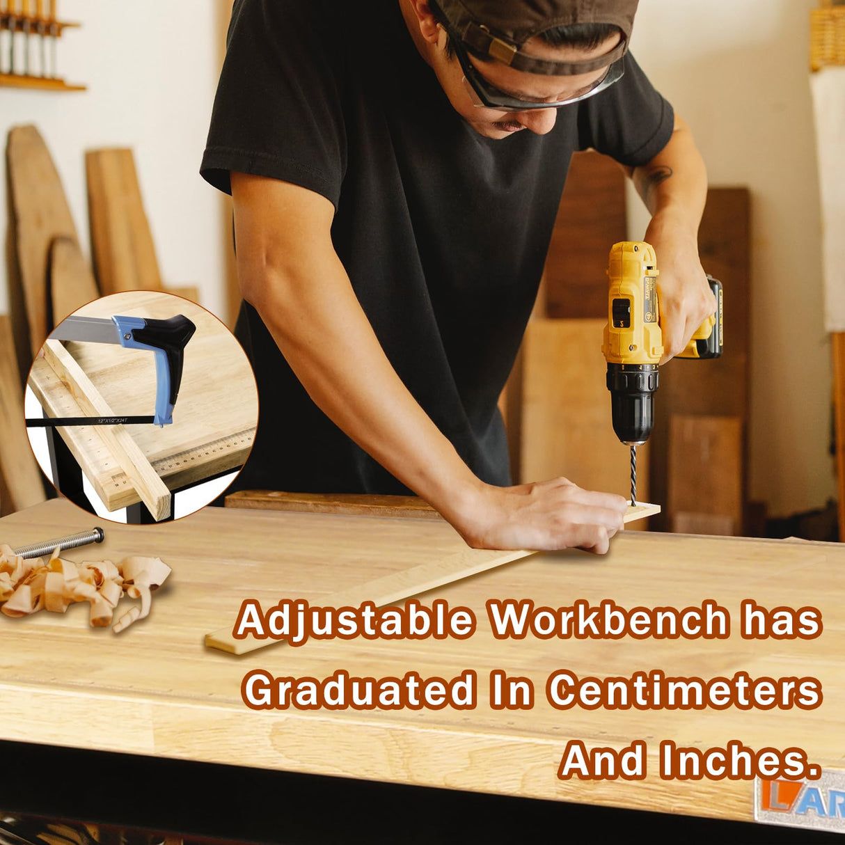 LARBANKE Adjustable 48" Workbench,Multiple Height Adjustments Workstation,Workbench with Scale,Power Plate and Wheels,for Home,Garage,Office,Holds up LARBANKE