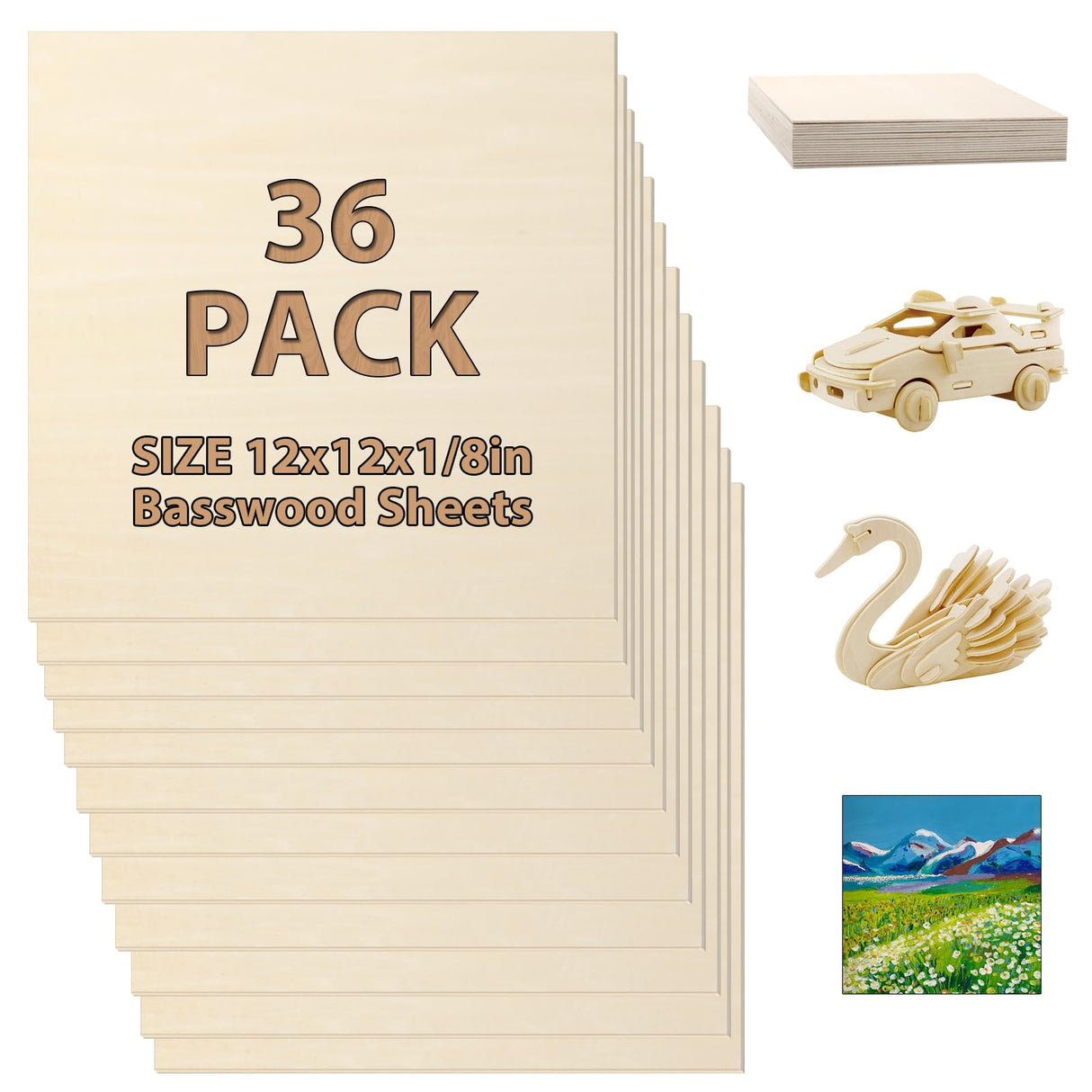 36 Pack Basswood Sheets 12x12x1/8 Inch for Crafts,Unfinished Wood for Laser Cutting & Engraving,Wood Burining,Plywood for Architectural Models. ESRICH