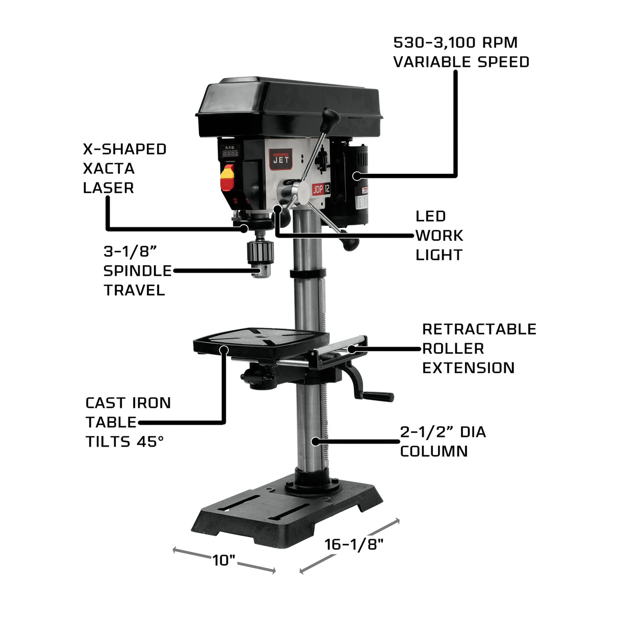 JET 12-Inch Variable-Speed Benchtop Drill Press, 1/2 HP, 1Ph 115V (JWDP-12) Jet