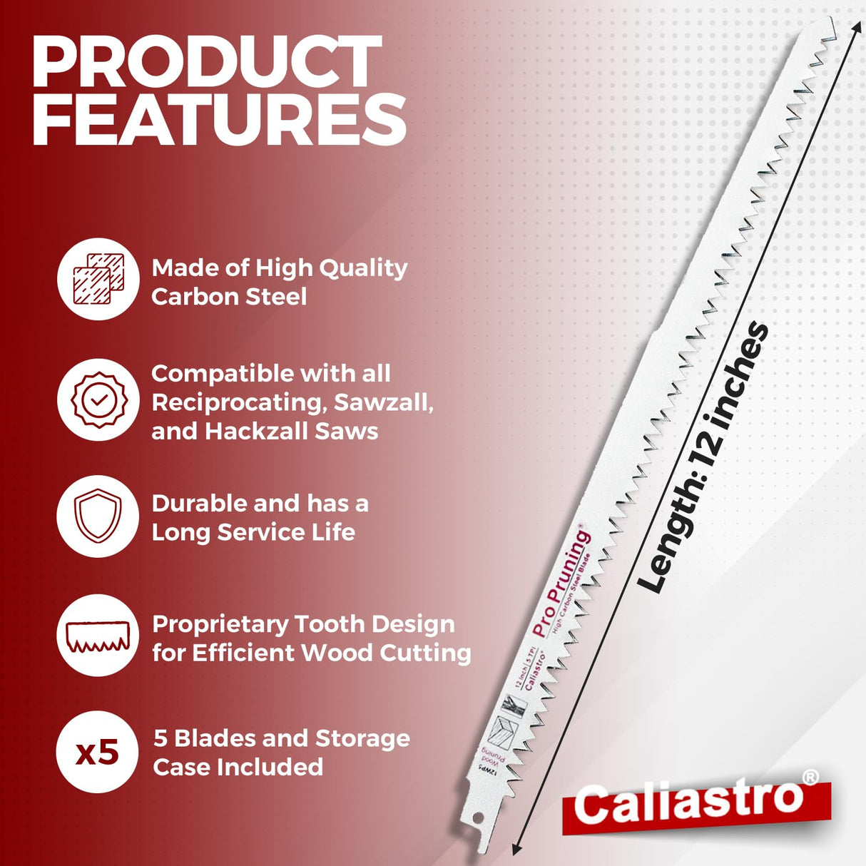Caliastro 12-Inch Wood Pruning Saw Blades for Reciprocating/Sawzall Saws - 5 Pack Caliastro