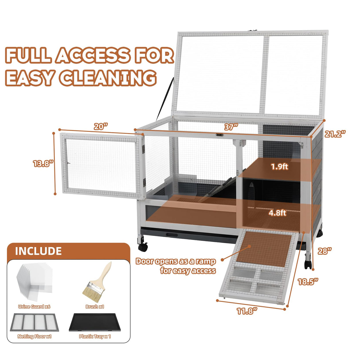 AniwuPaws Rabbit Hutch Indoor with Urine Guards/Netting Floor, Rabbit Cage on Wheels/Chew Proof/Tray, Guinea Pig Cages with Doors, Wooden Bunny House AniwuPaws