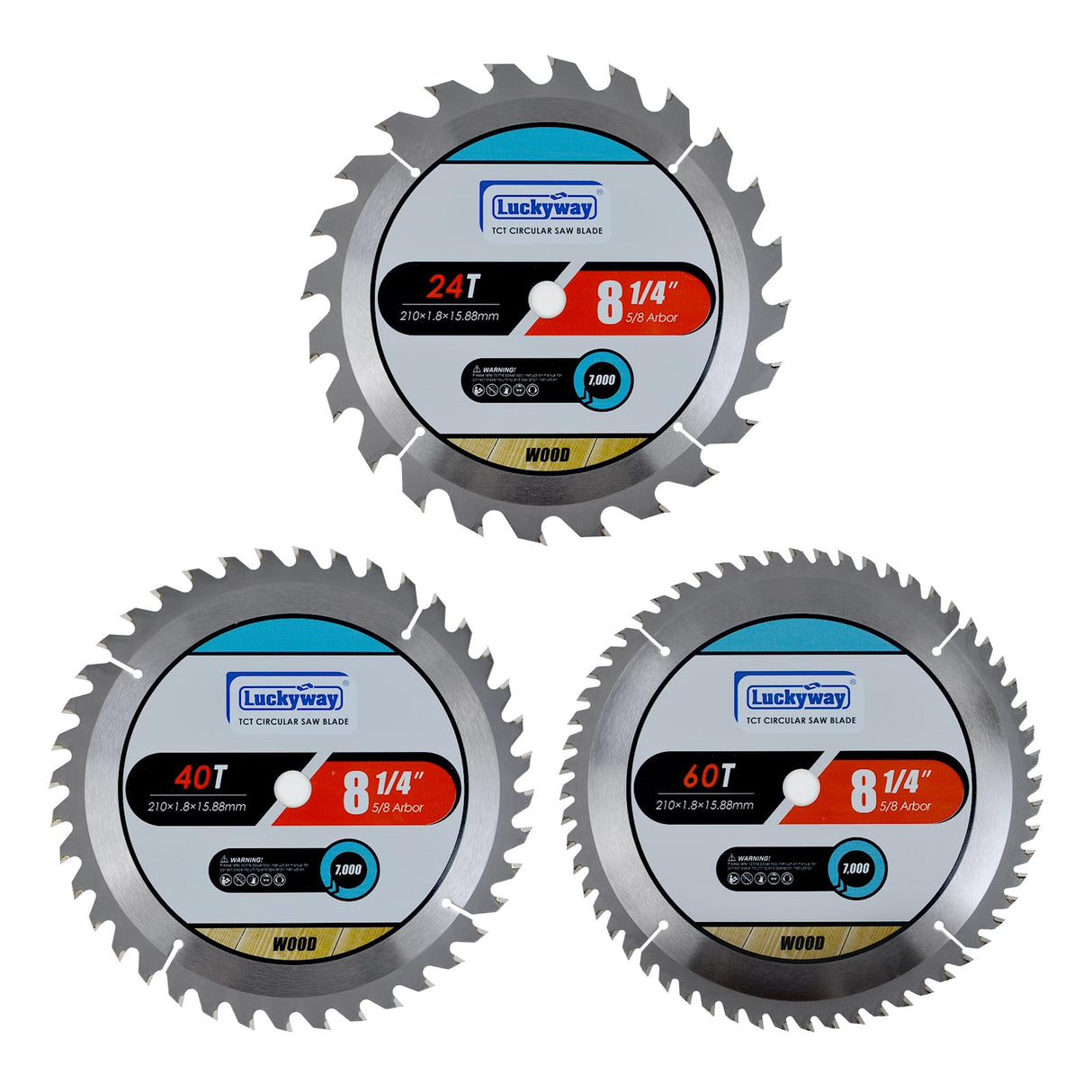 Luckyway 3-Pack 8-1/4 Inch 24T Framing & 40T Ripping/Cross Cutting 60T Finish with 5/8 Inch Arbor TCT Circular Saw Blade for Cutting Wood Luckyway