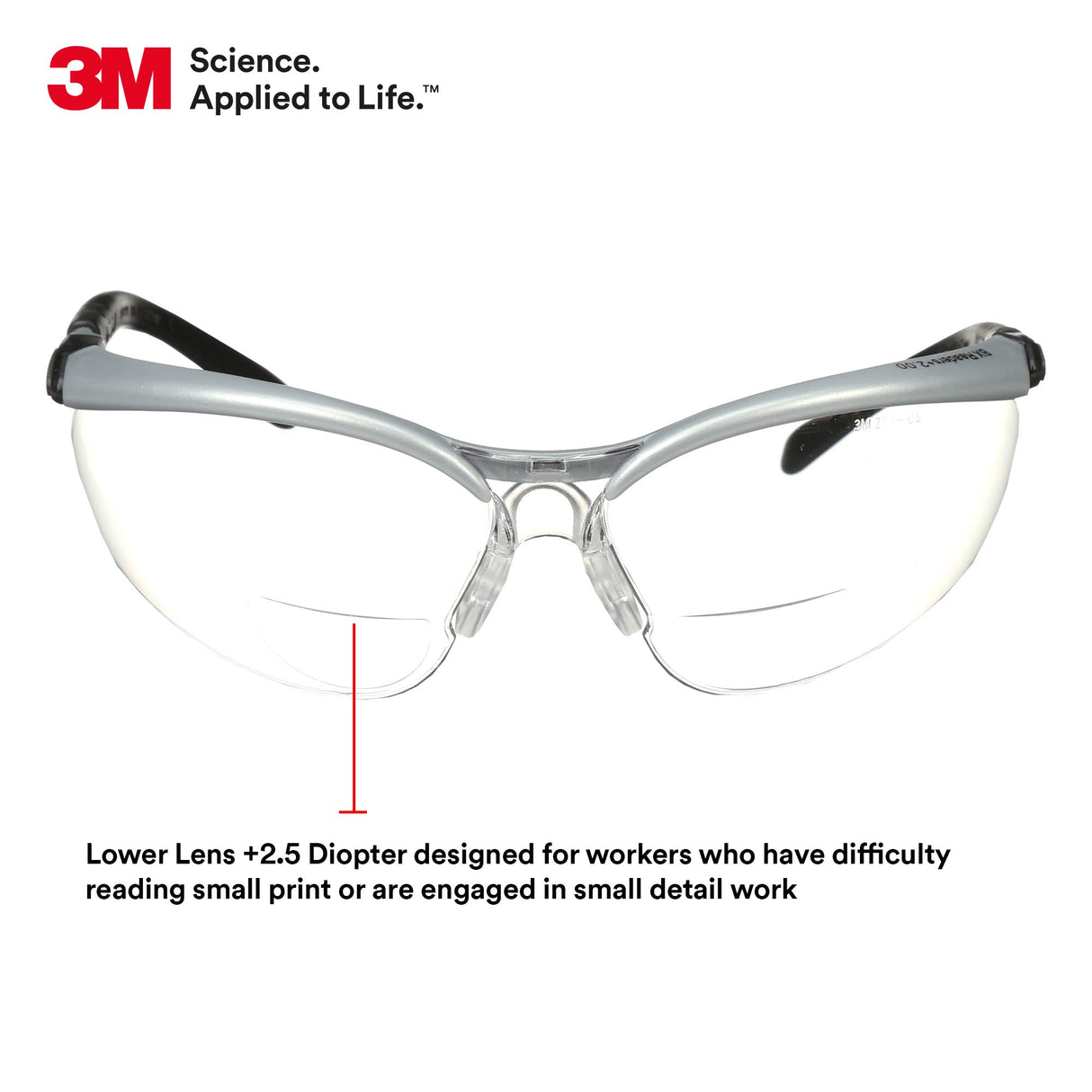3M Safety Glasses with Readers, BX, +2.5, ANSI Z87, Anti-Fog Anti-Scratch Clear Lens, Silver Frame, Adjustable Length Temples and Lens Angle 3M