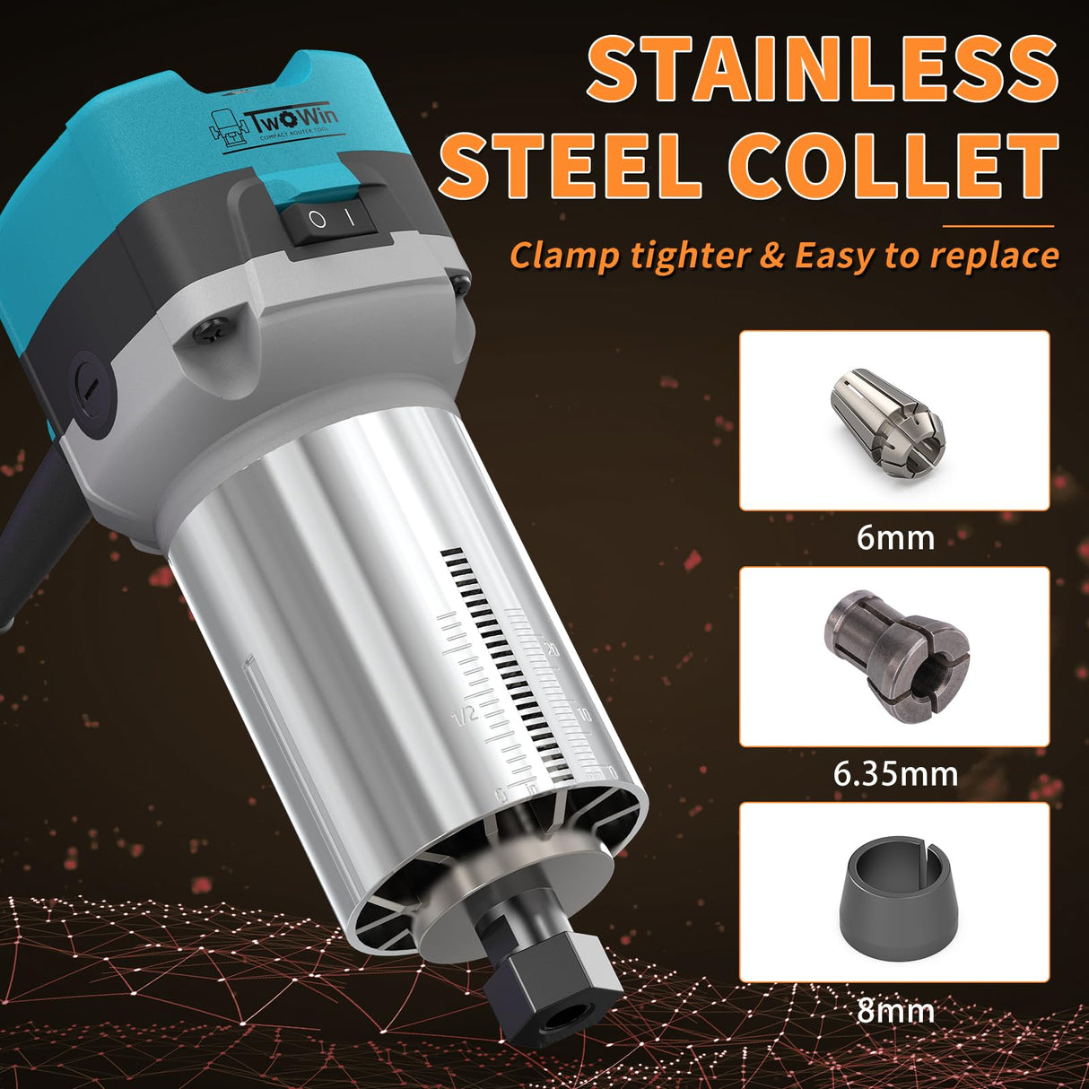 TWOWIN Router Tool, 6.5 Amp 1.25 HP Hand held Wood Router Tool, Compact Palm Trim Router for Woodworking, 6 Variable Speeds Fixed Base Laminate TwoWin