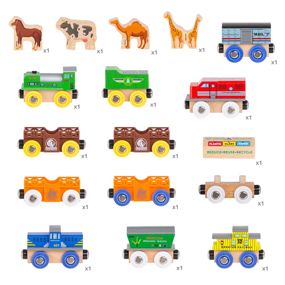 Orbrium Toys 12 (18 Pcs) Wooden Engines & Train Cars Collection with Animals, Farm Safari Zoo Wooden Animal Train Cars, Circus Wooden Train Orbrium