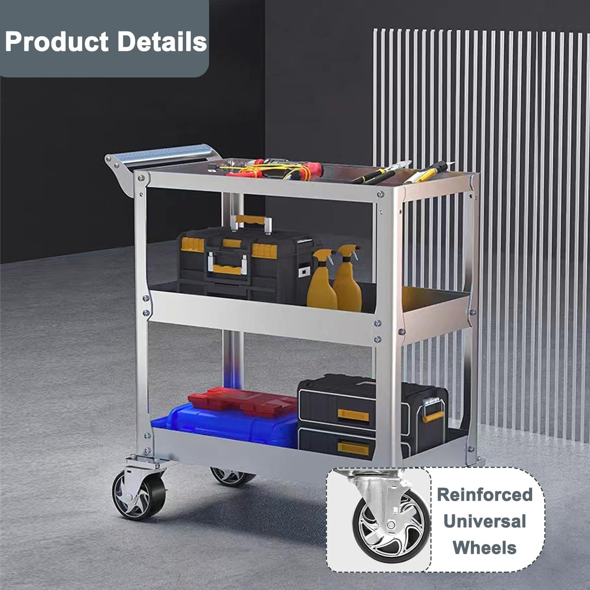 3-Tier Stainless Steel Utility Cart, 1100 lbs Heavy Duty Service Cart with Wheels, Rolling Tool Cart on Wheels, Work Cart for Mechanic, Garage, EHONXI