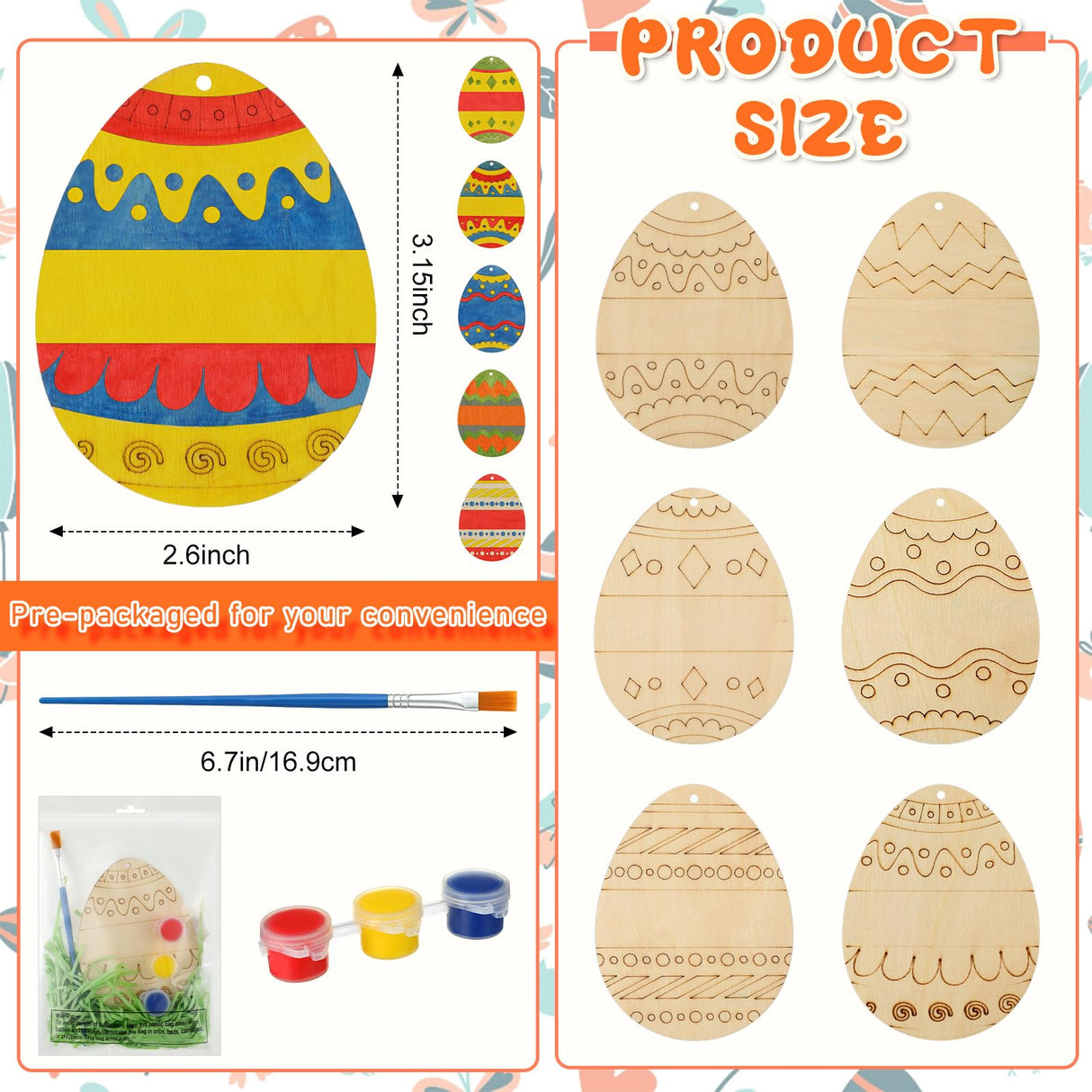 Foilswirl 30 Sets Wooden Easter Ornaments to Paint 5" DIY Unfinished Easter Egg Wood Cutouts with Grass Raffia Paper Shreds and Acrylic Paints with Foilswirl