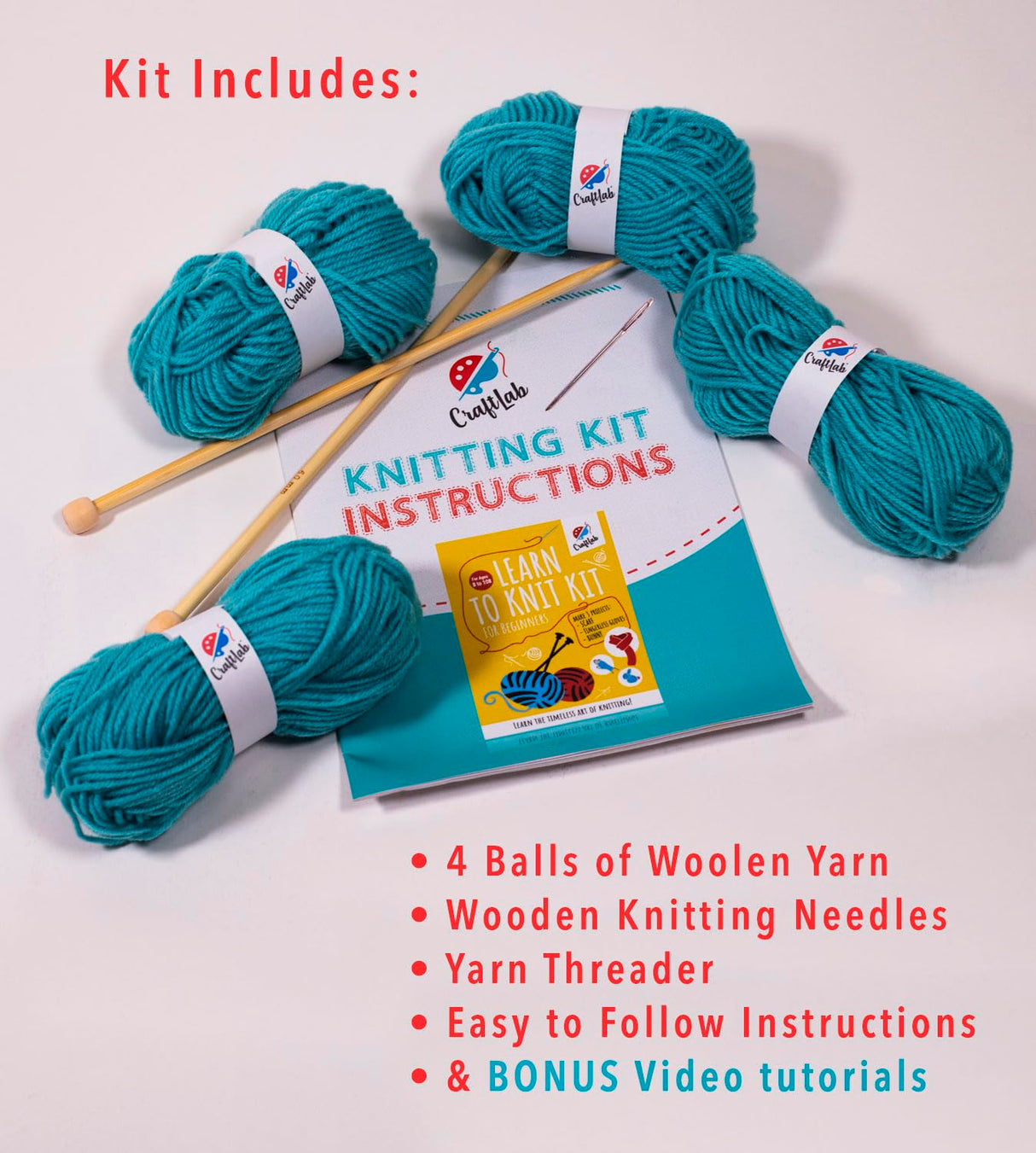 CraftLab Knitting Kit for Beginners, Kids and Adults Includes All Knitting Supplies: Wool Yarn, Knitting Needles, Yarn Needle and Instructions – CraftLab