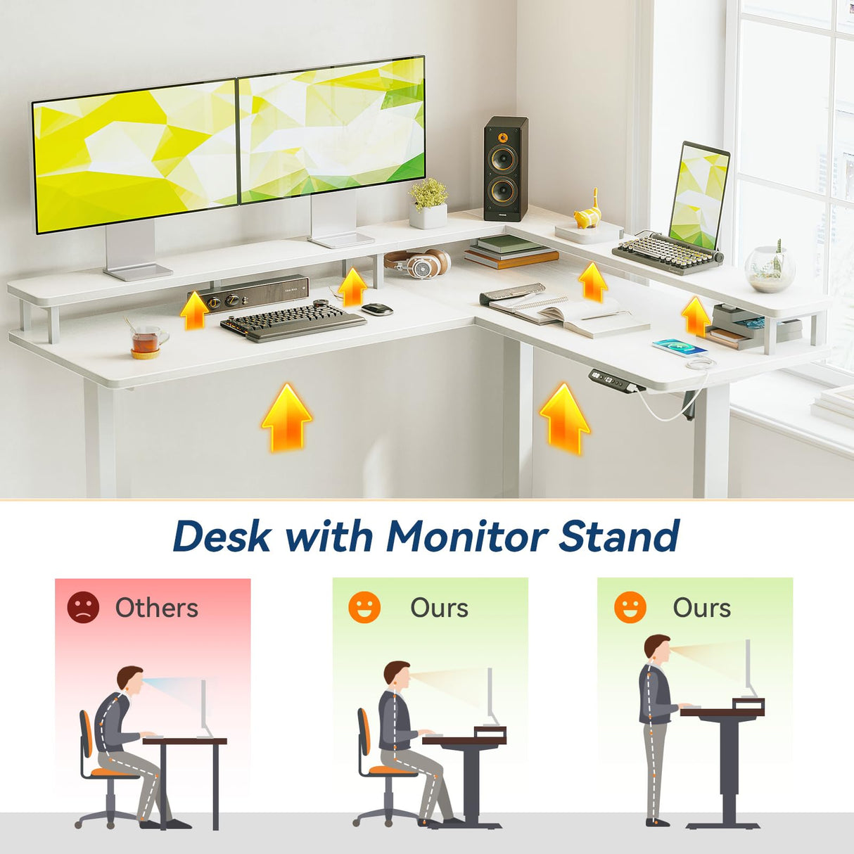 AODK L Shaped Electric Standing Desk, 59" x 48" Stand Up Corner Desk, Home Office Sit Stand Desk with White Top and White Frame, L-Shaped Standing AODK