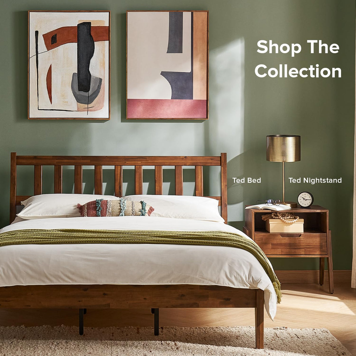 Ted King Size Mid Century Modern Acacia Wood Bed Frame with Slated Headboard mopio