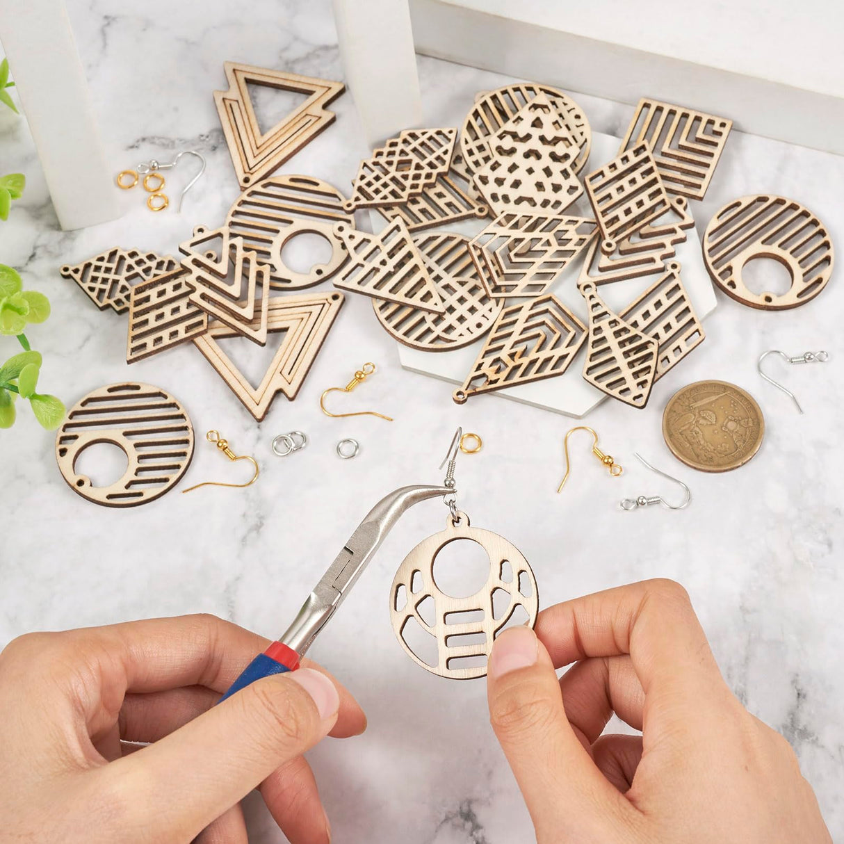Beadthoven Wooden Earring Making Kit for Adults 12 Styles Hollow Filigree Wood Pendants Geometric Dangle Earrings Unfinished Wooden Charms with BB Beadthoven