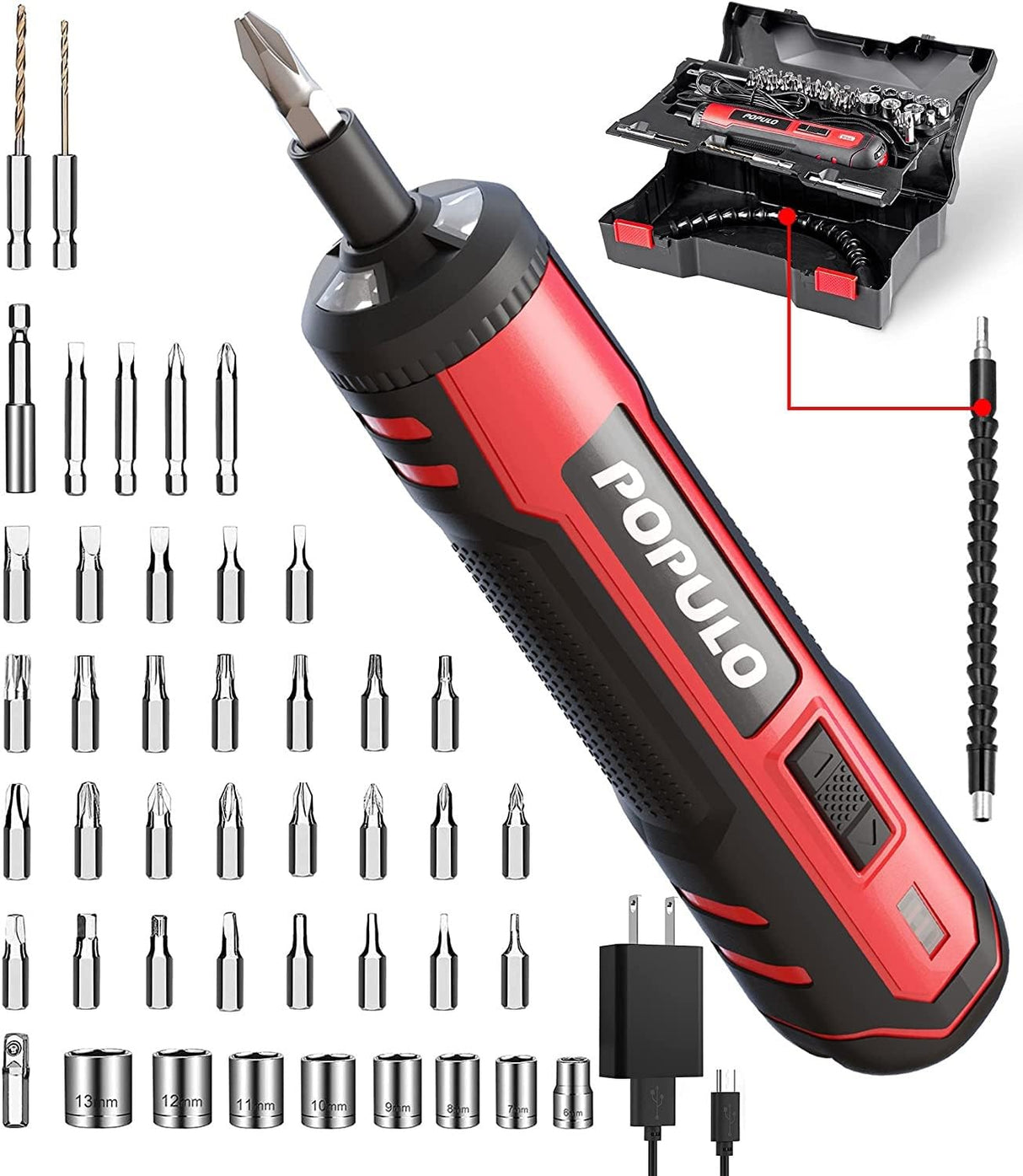 POPULO 4V Electric Screwdriver Kit,6 Torque Settings, Power Screwdriver Cordless Rechargeable with LED Work Light, 32 pieces Screwdriver Bits, 8 populo