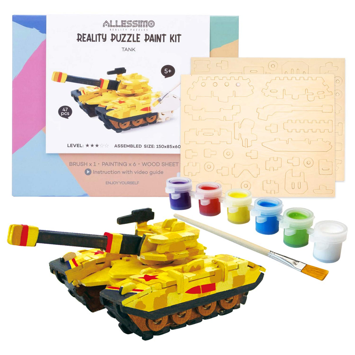 Allessimo - Create + Paint Tank 3D Puzzles for Kids, Girls and Boys Ages 7 8 9 10 11 12 Year Old. Includes Wooden Model Kit, Brush and Paint ALLESSIMO