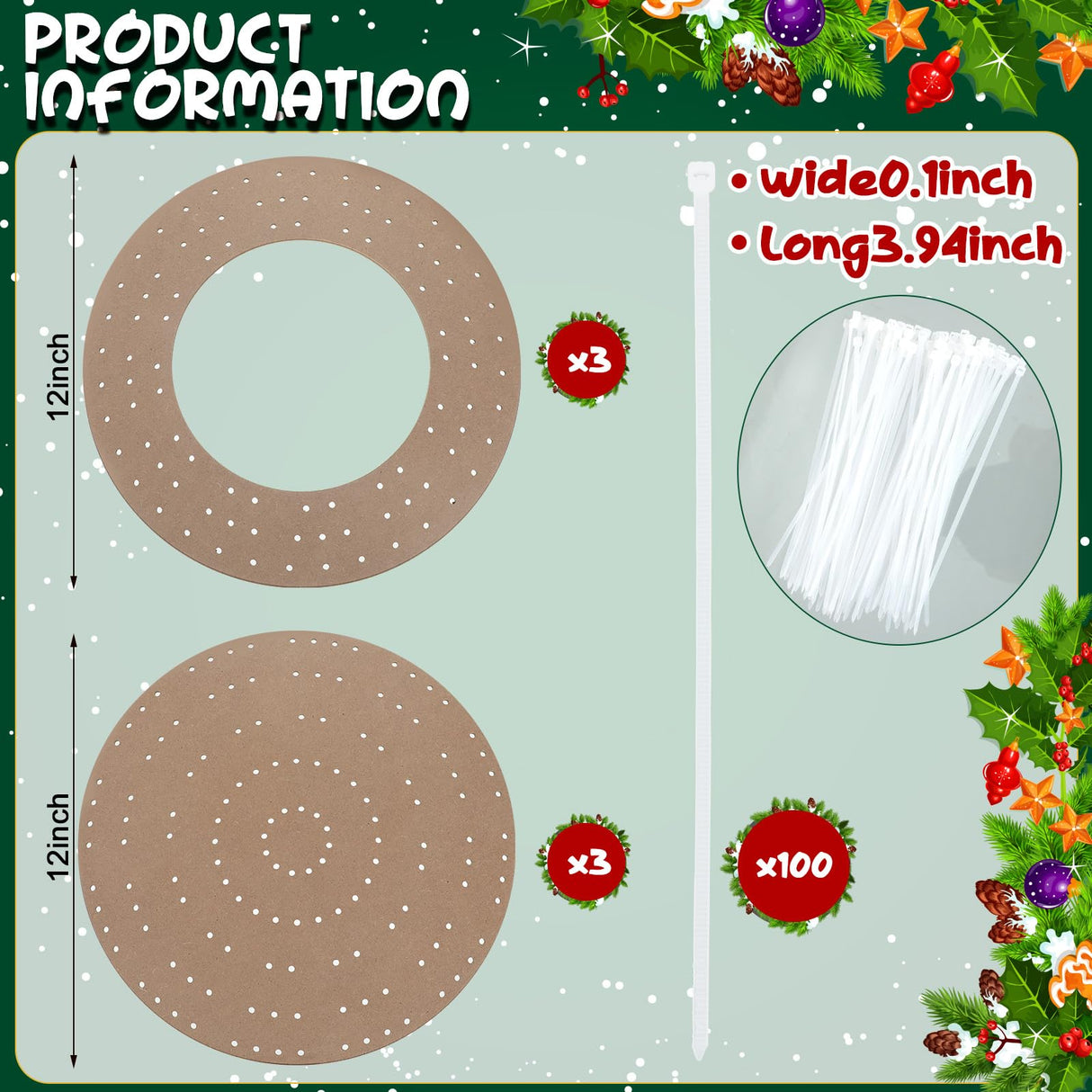 Thyle 6 Pcs Round Wreath Boards with Holes Wooden Summer Wreath Flower Boards Wood Ring Wreath Frame Supplies with 100 Nylon Cable Ties for DIY Thyle