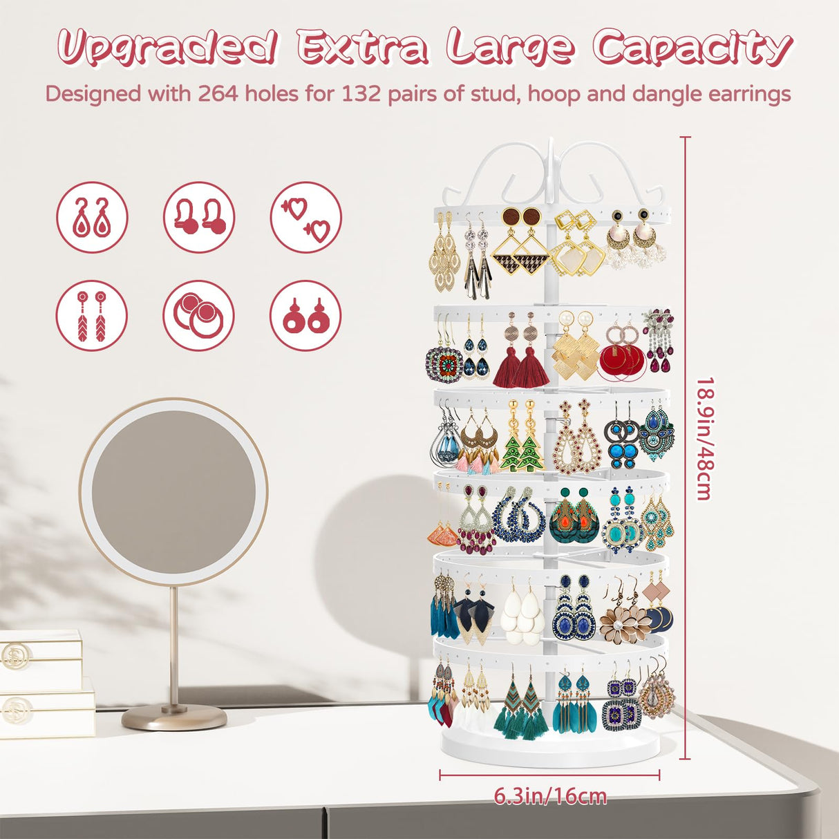 MODOWEY 6 Tier Rotating Earring Holder Organizer, Adjustable Metal Earring Display Stand Storage Rack, 264 Holes Earring Tree Organizer for Women MODOWEY