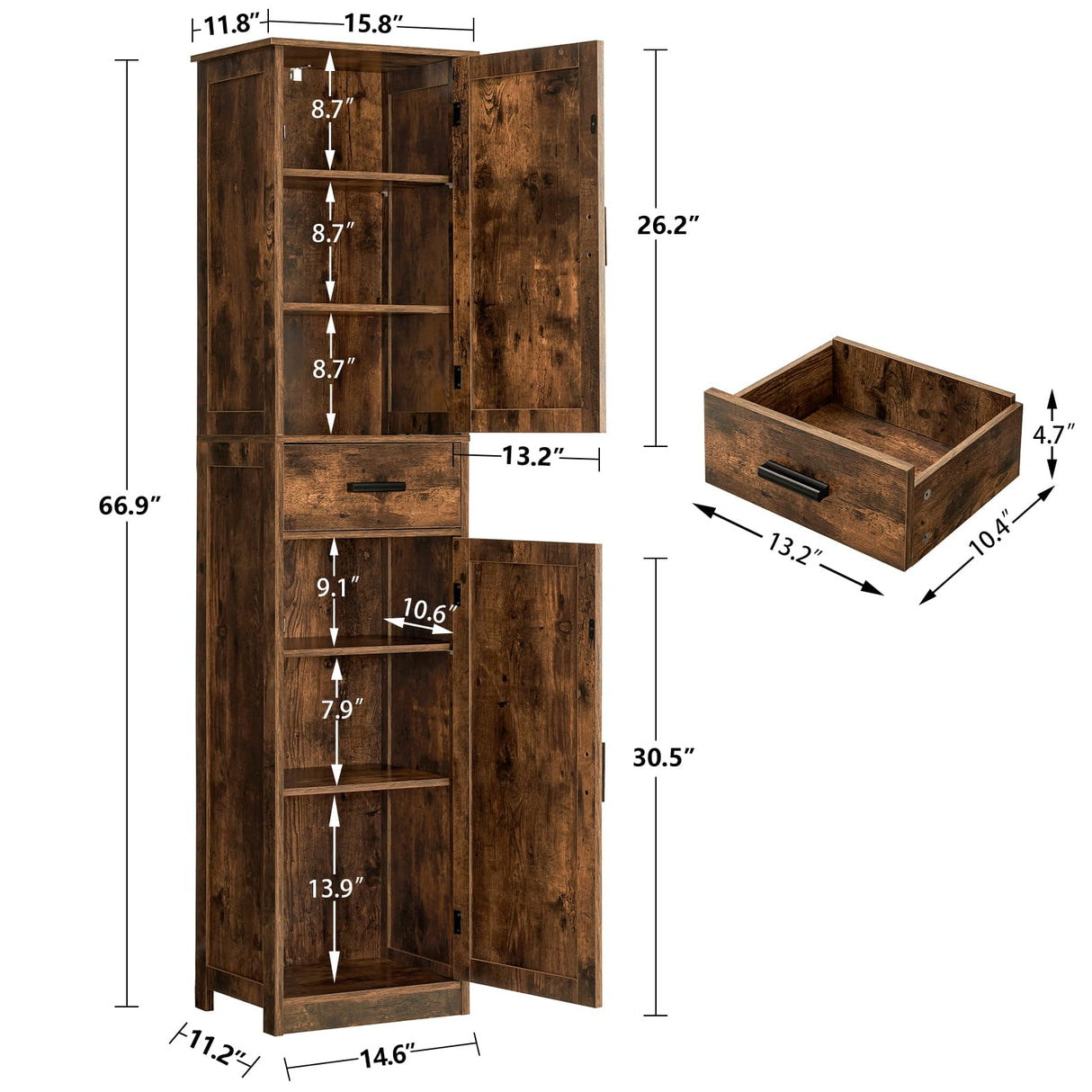 WEENFON Tall Bathroom Cabinet with 6 Shelves, Narrow Cabinet with 2 Doors & 1 Drawer, Freestanding Storage Cabinet, for Bathroom, Living Room, WEENFON