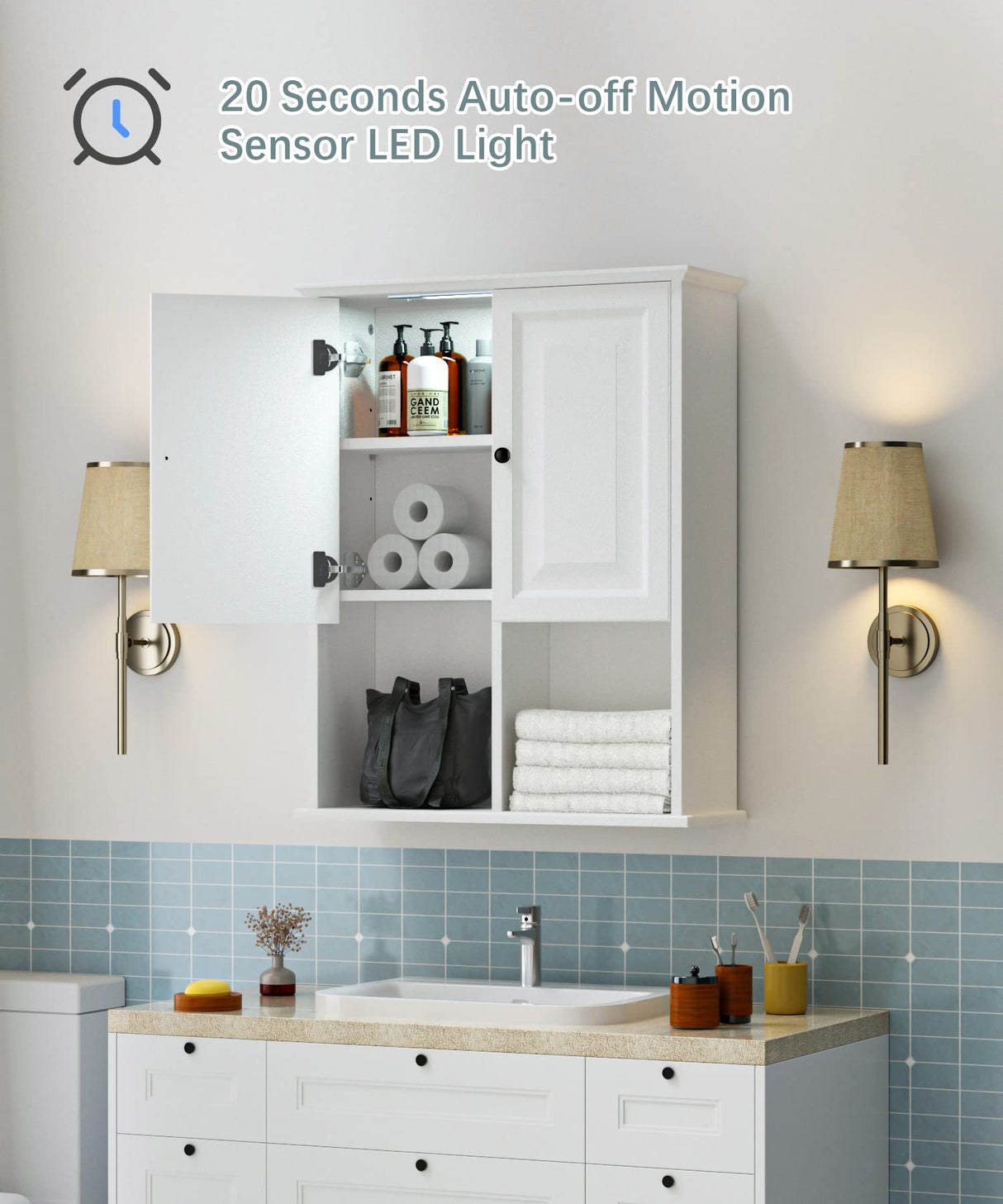 HAIOOU Bathroom Wall Cabinet with Motion Sensor LED Light, Wooden Medicine Cabinet Wall Mounted Cupboard, Over Toilet Storage Cabinet with Buffering HAIOOU