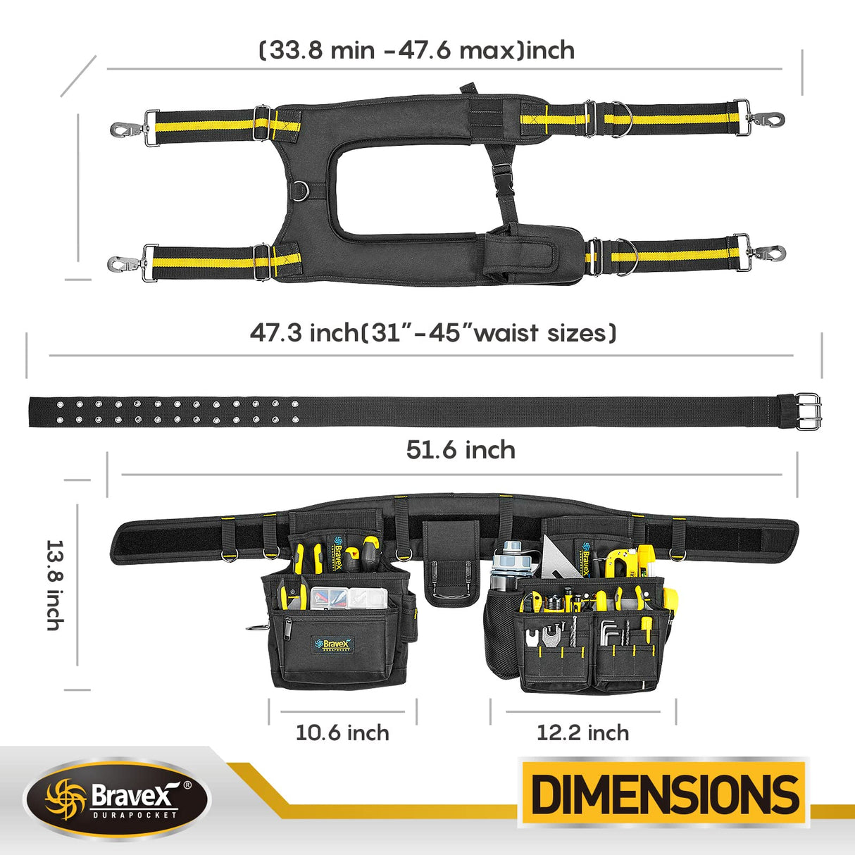 Bravex Tool Belt Suspenders, Tool Vest Pro Ultra 20 Bags Y-Style Toolbelt 5 Combo Apron Tool Pouch For Framers Carpenter Electrician 1200D Ballistic Voltstorm