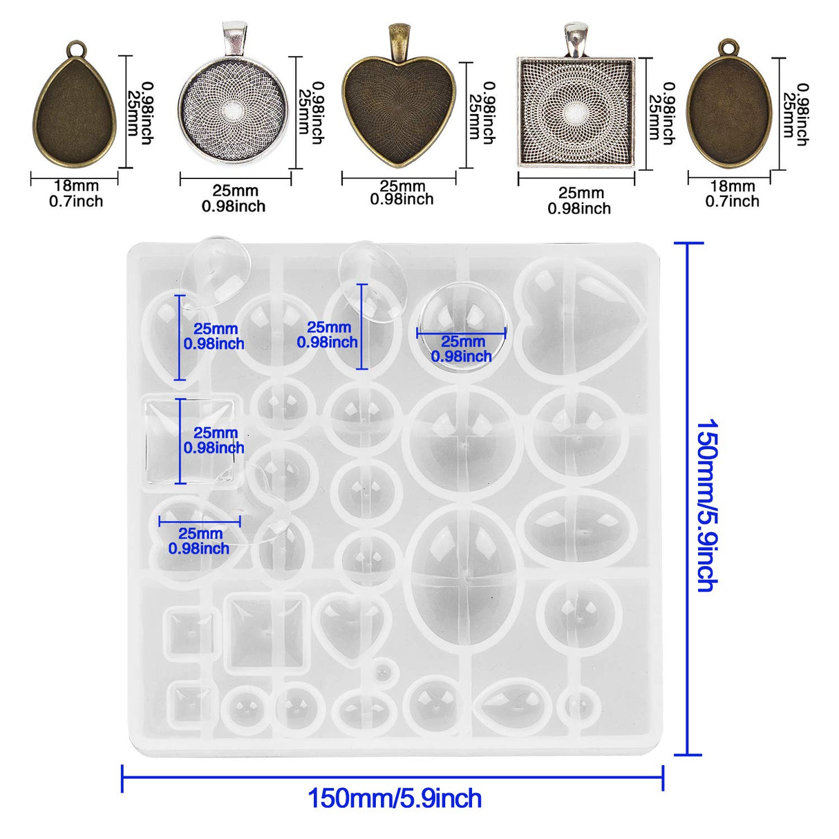 HOMEIDOL Resin Jewelry Molds Pendant Trays Making Kit with 30Pcs 5 Styles Metal Pendant and 1 Pc Silicone Epoxy Jewelry Casting Molds for Pendant HOMEIDOL
