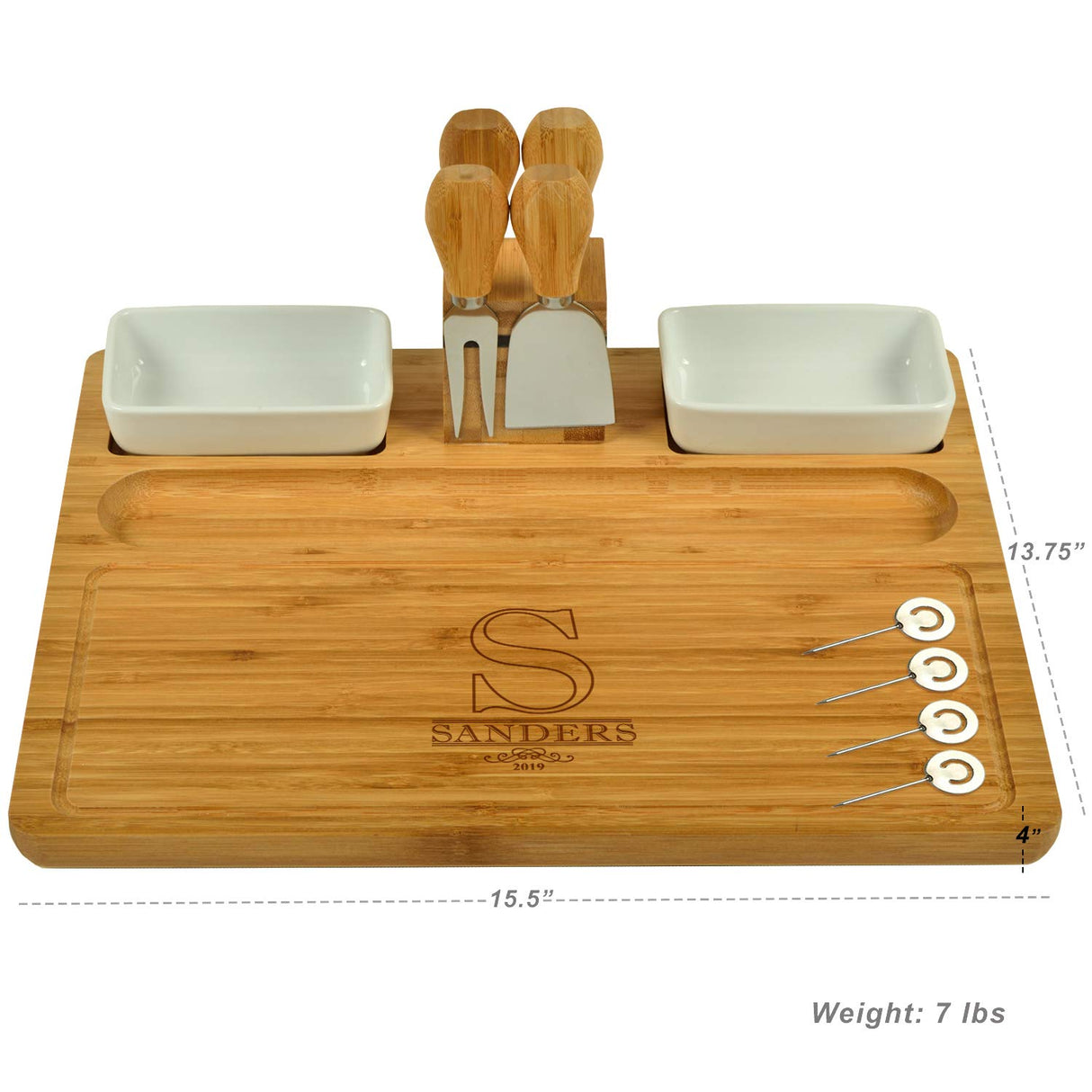 Custom Personalized Engraved Bamboo Cheese/Charcuterie Cutting Board with Ceramic Bowls, Cheese Tools & Cheese Markers-Designed & Quality Checked in Picnic at Ascot