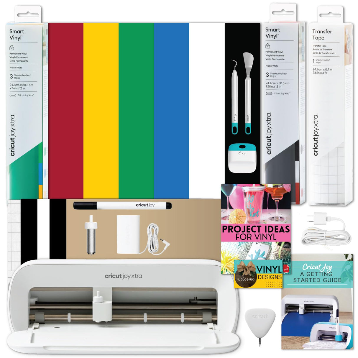 Cricut Joy Xtra Machine with Permanent Smart Vinyl Sampler Packs, Transfer Tape and Tool Set Bundle - Beginner Portable Cutting Machine and Matless Cricut