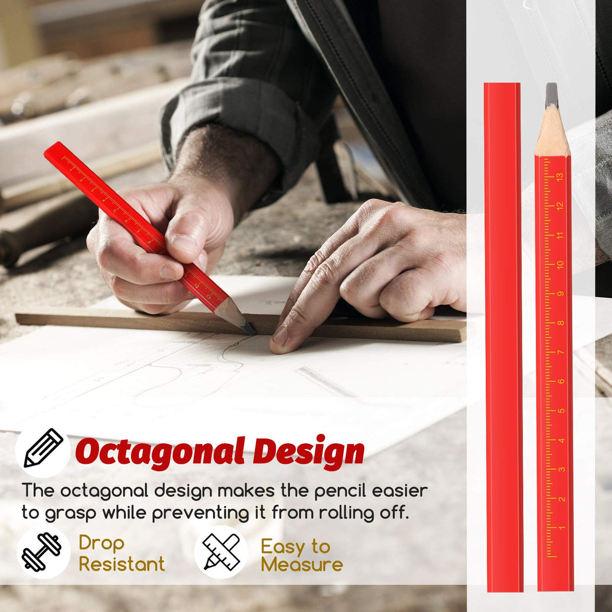 Zonon 100 Pieces Carpenter Pencils, Octagonal Red Hard Black Carpenter Pencils Construction Pencils for Woodworking Marking and Concrete Marking Zonon