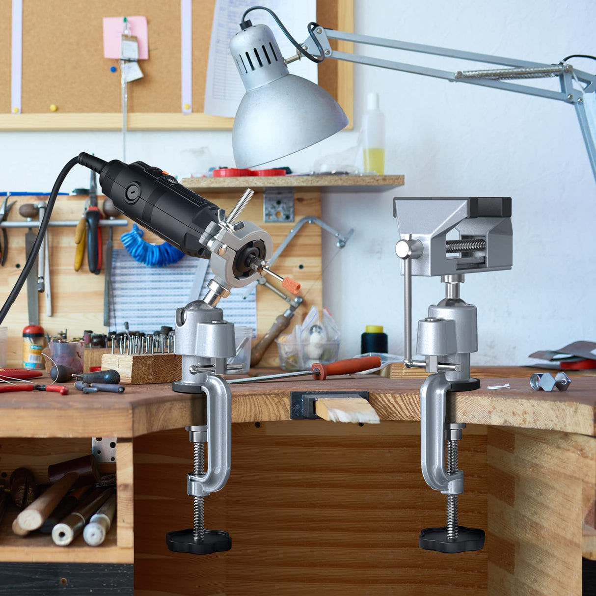 Table Vise,2 in 1 Universal Rotate 360° Work Clamp-On Vise,Table Vice with Electric Drill/Grinder Holder for Woodworking, Drilling, Sawing, Jewelry ZTUKOMN