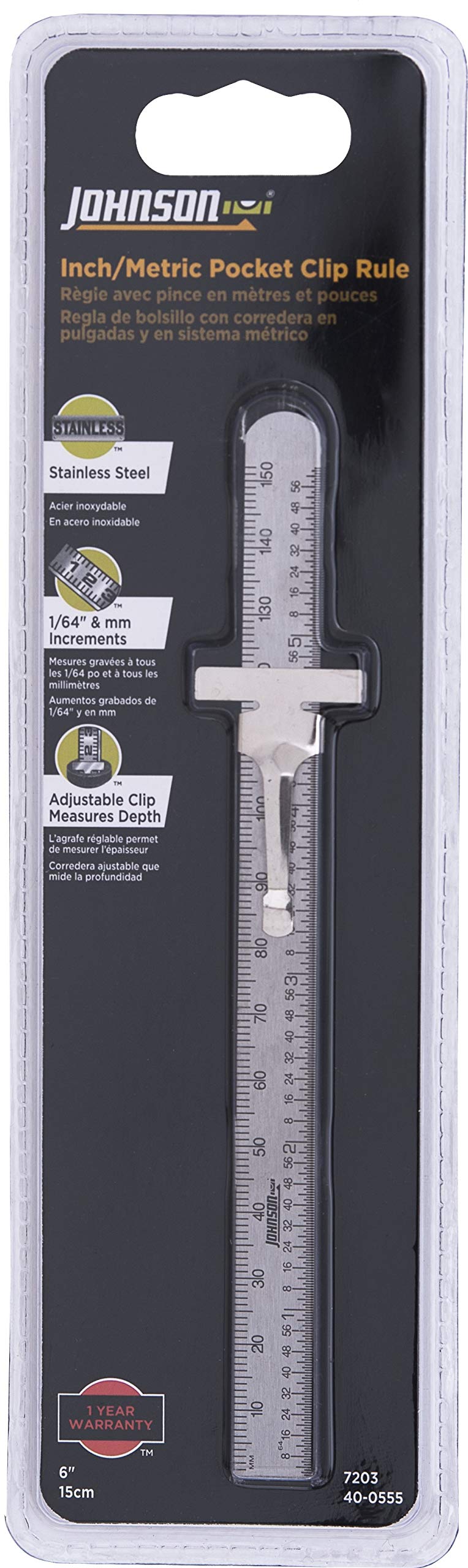 Johnson Level & Tool 7203 Stainless Steel Metric Pocket Clip Rule, 6", Silver, 1 Ruler Johnson