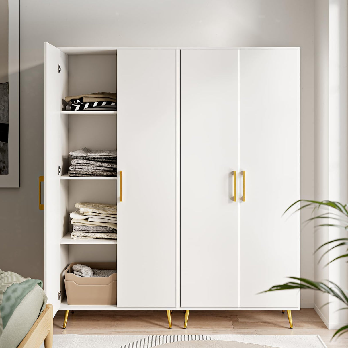 NOVAMAISON White Storage Cabinet 69” Tall - Storage Cabinet w/ 2 Doors and Adjustable Shelves, Freestanding Kitchen Pantry w/Gold Handles and Legs, NOVAMAISON