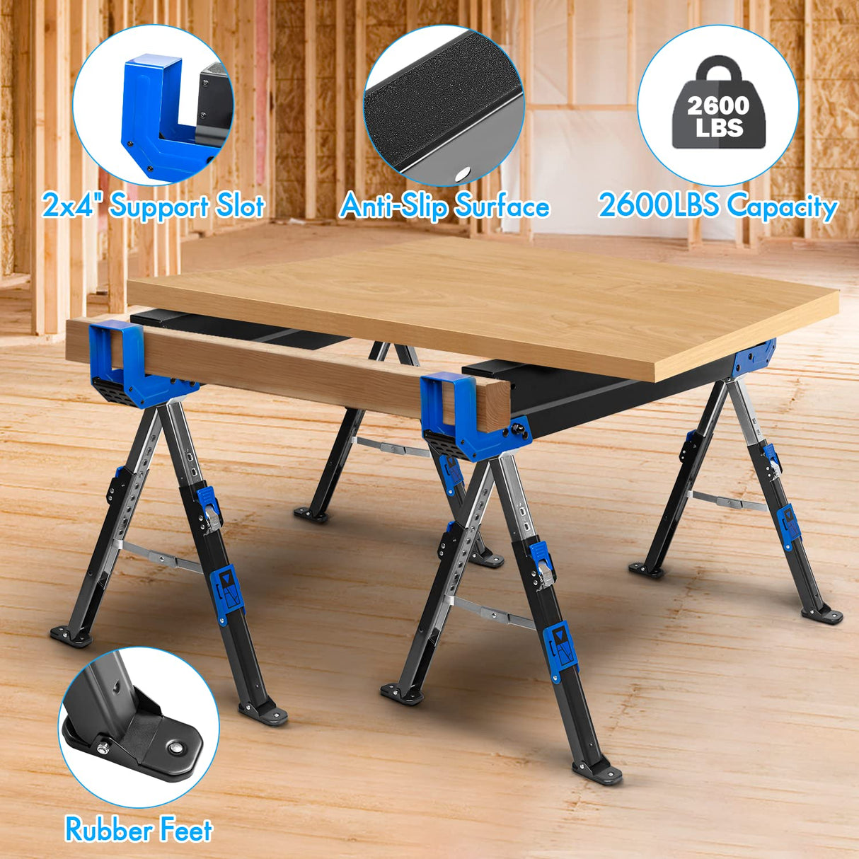 Prostormer Portable Folding Sawhorse 2 Pack, Heavy Duty Saw Horses 2600Lbs Weight Capacity Each Twin Pack, Durable Table Stand with Folding Legs and Prostormer