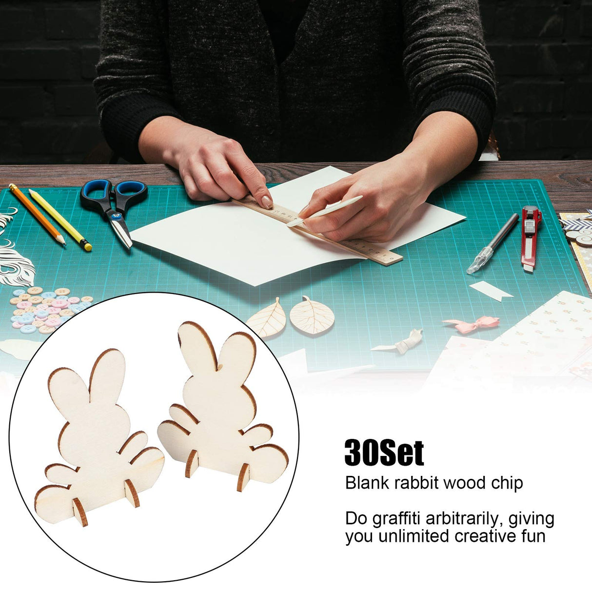 90Pcs Wooden Bunny Cutouts Rabbit Wood Chip Unfinished Craft DIY Home Decoration 3D Ornament Blank for Graffiti Smooth Hztyyier