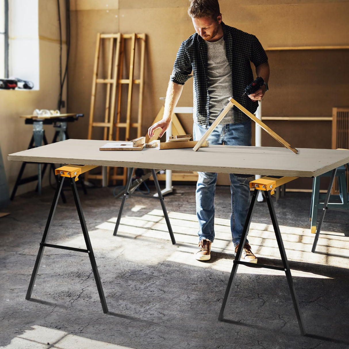 Goplus Saw Horses 2 Pack Folding, Portable Sawhorse with Fast Open Legs, Convenient Handle. Heavy Duty Steel Sawhorse for Woodworking, Carpenters, Goplus