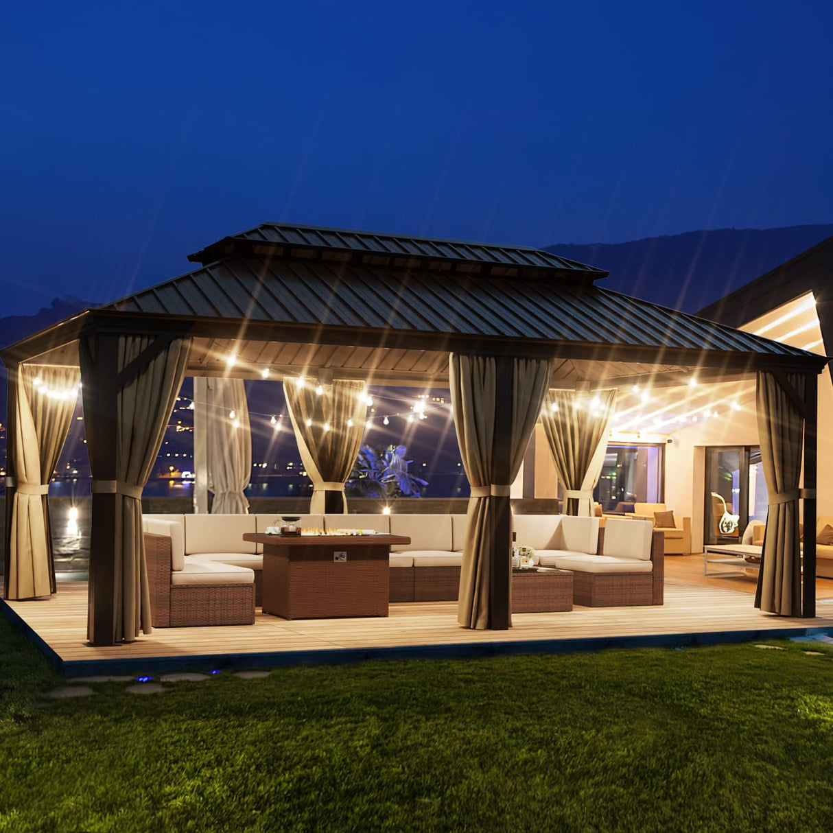 Aoxun 12' X 20' Permanent Hardtop Gazebo Aluminum Gazebo with Galvanized Steel Double Roof for Patio Lawn and Garden, Curtains and Netting Included, Aoxun