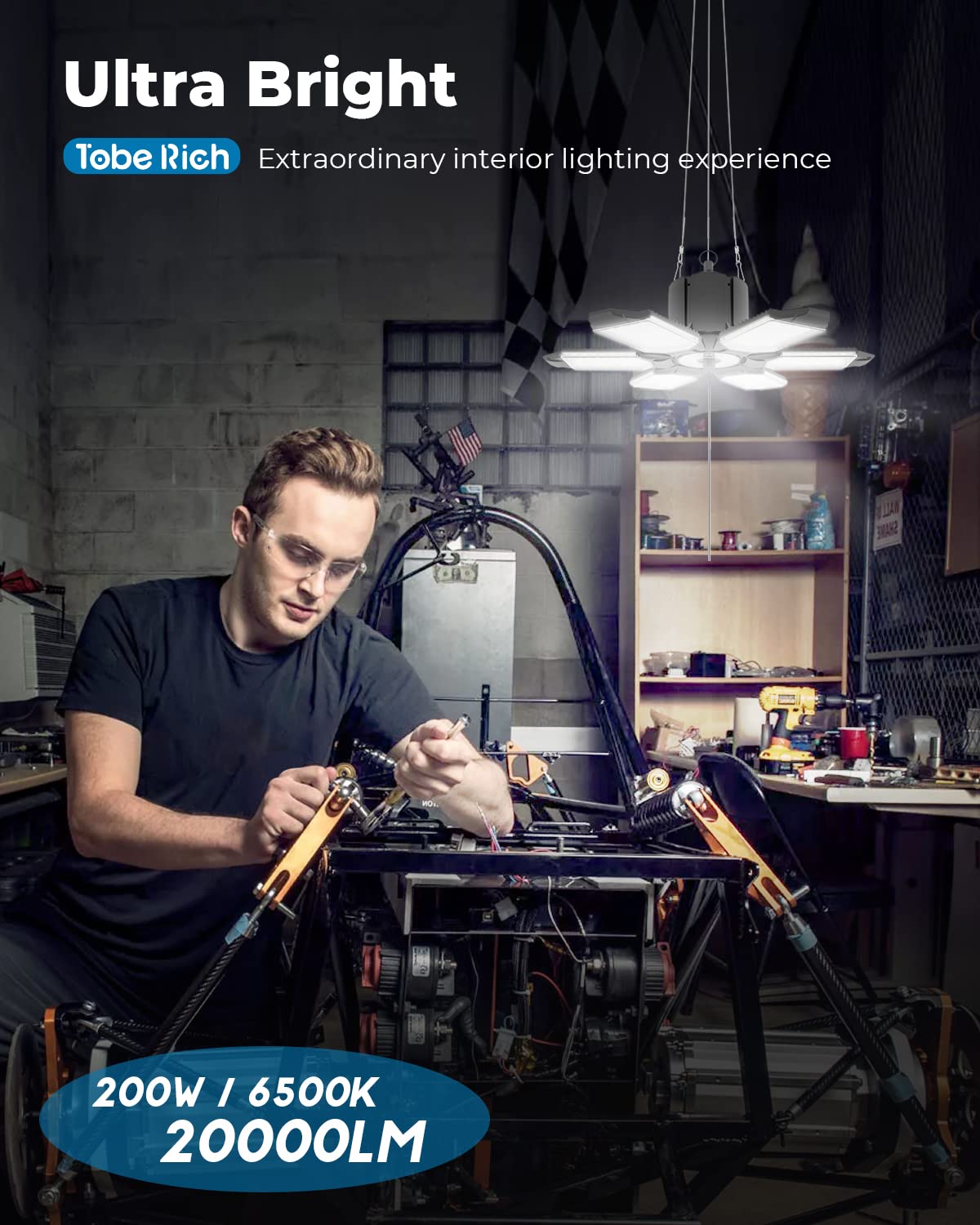 toberich 2-Pack Plug in Garage Light, 200W 20000LM Linkable LED Shop Light w/Pull Chain(ON/Off), 6+1 Deformable Panels, 6500K LED Ceiling Lights for toberich