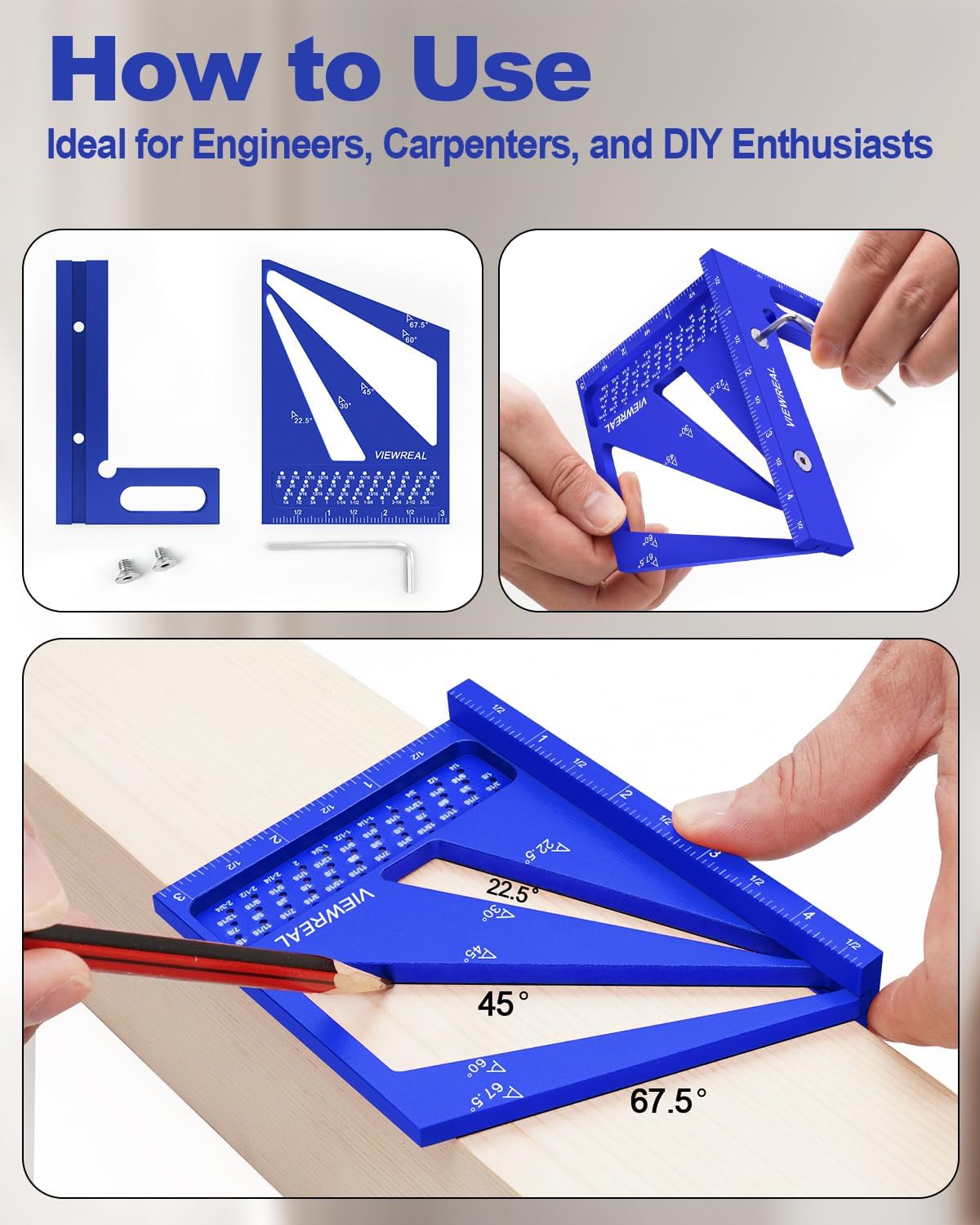3D Multi Angle Measuring Ruler Aluminum Alloy Woodworking Square,Versatile Square Tool with Preset Angles from 22.5° to 90° Ideal Layout Tool for ViewReal