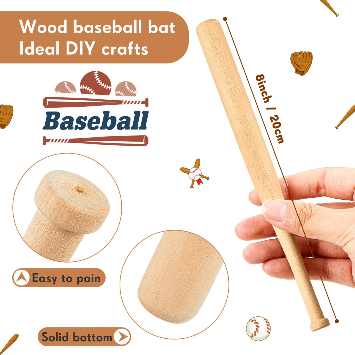 Mini Baseball Bat 8 Inch Unfinished Small Wooden Bats Unpainted Wood Baseball Bats for Painting Keychain Action Figures DIY Craft Projects Ball Juexica