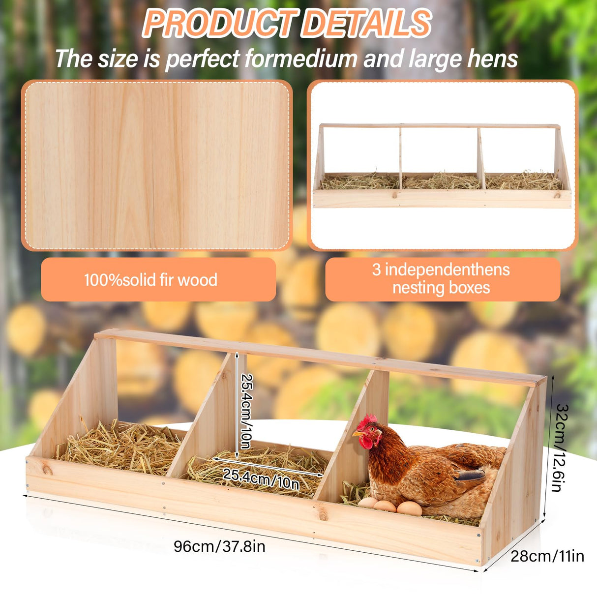 Nosiny Triple Nesting Boxes Wood Chicken Nesting Box 3 Compartment Room Hen Chicken Laying Boxes Versatile Use Easy Assemble for Duck Poultry, 37.4 x Nosiny