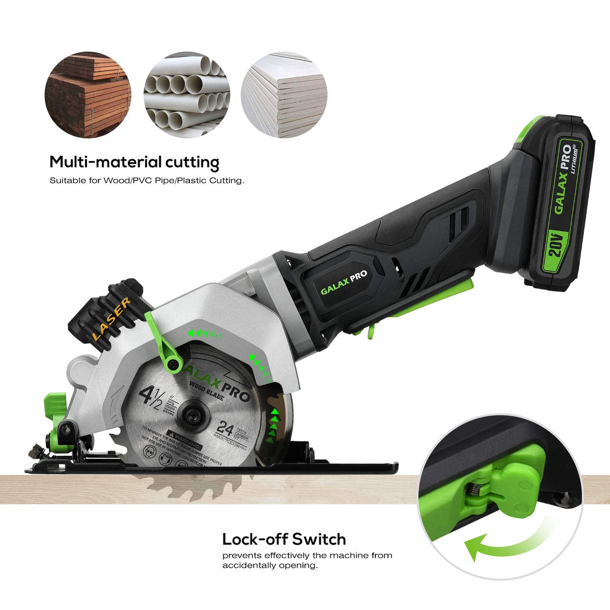 GALAX PRO 20V 4-1/2" Cordless Circular Saw with 2.0Ah battery, Laser Guide, Rip Guide, 2 Pcs Blades(24T+ 60T), 3400RPM, Max Cutting Depth GALAX PRO