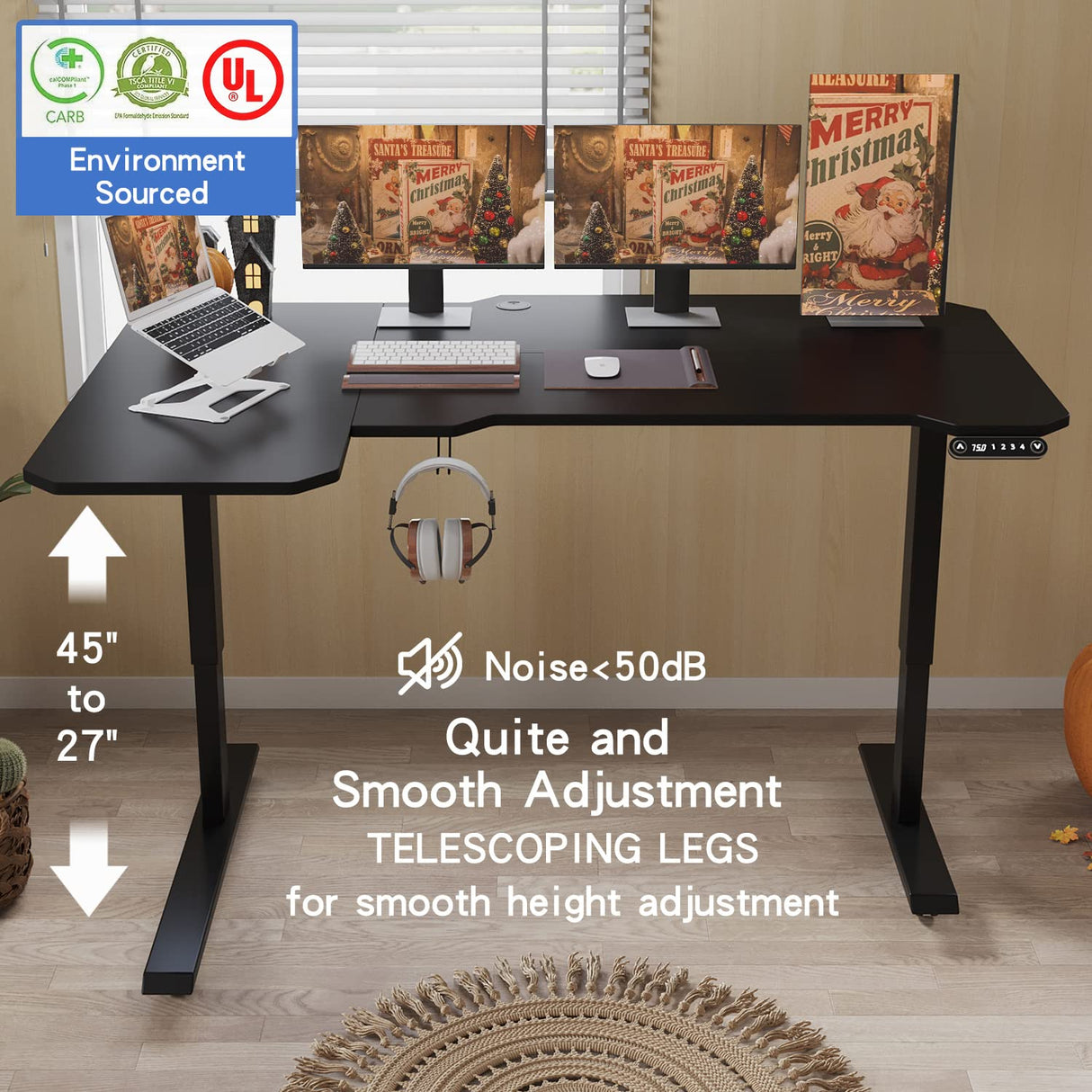 BUNOEM L-Shaped 59" Height Adjustable Electric Standing Desk, Sit and Stand Up Computer Desk For Home Office with Splice Board (Black Top, Black BUNOEM