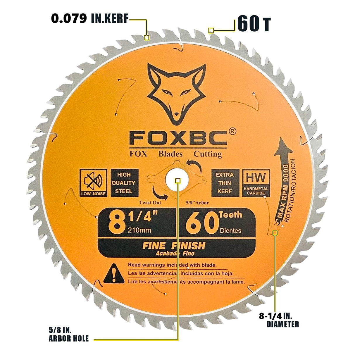 FOXBC 8-1/4 Inch Table Saw Blade 60 Tooth Fine Finish Wood Cutting with 5/8" Arbor, Diamond Knockout FOXBC