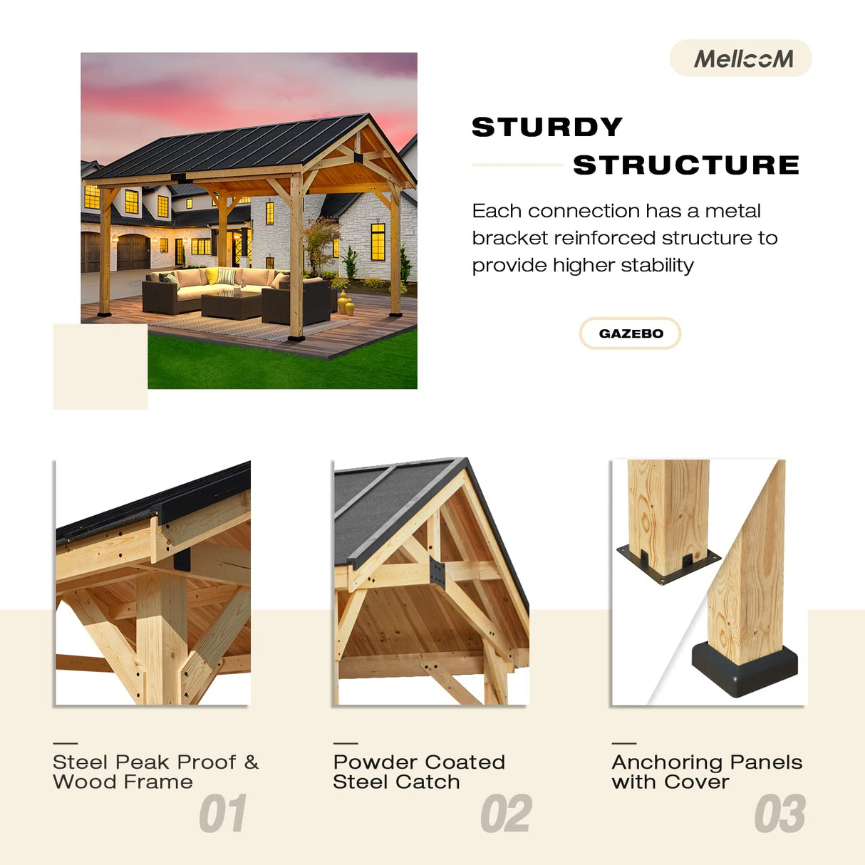 MELLCOM 12' x15' Wood Gazebo, Spruce Solid Wood Hardtop Pavilion, Waterproof Asphalt Roof, for Patio, Lawn, Garden, Easy Installation MELLCOM
