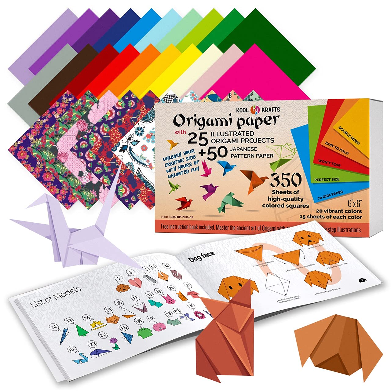 Kool Krafts Origami Paper | 350 Origami Paper Kit | Set Includes - 300 Sheets 20 Colors 6x6 | 50 Traditional Japanese Patterns | Origami Book 25 Easy